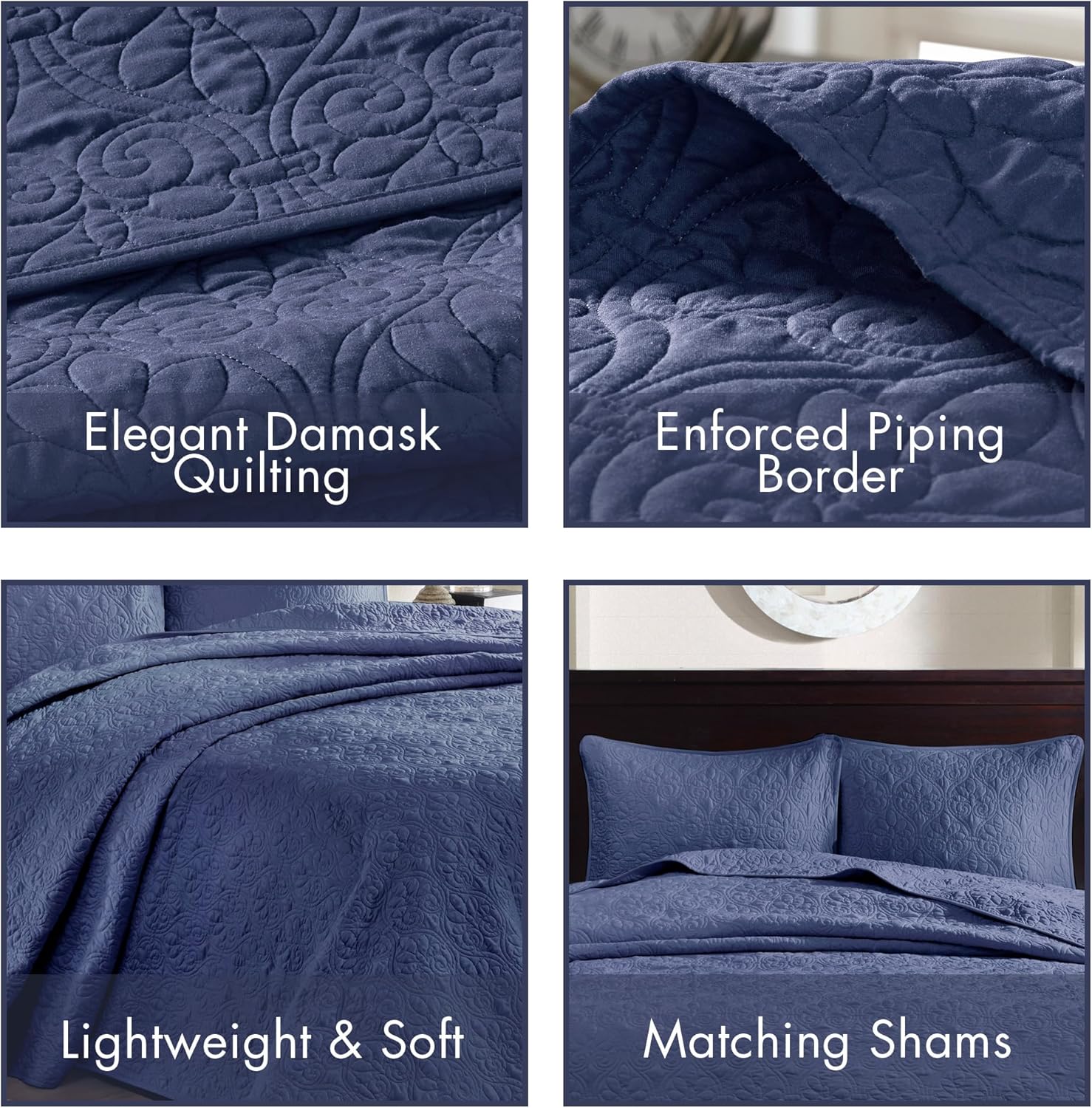 Madison Park Quebec Queen Size Reversible Bedspread Set - Navy Damask
