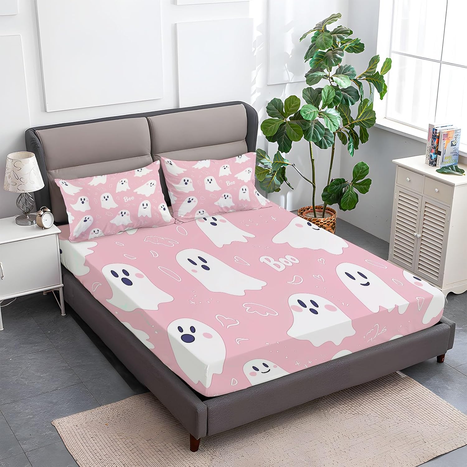 4-Piece Twin XL Cartoon Pink Ghost Fitted Sheet Set