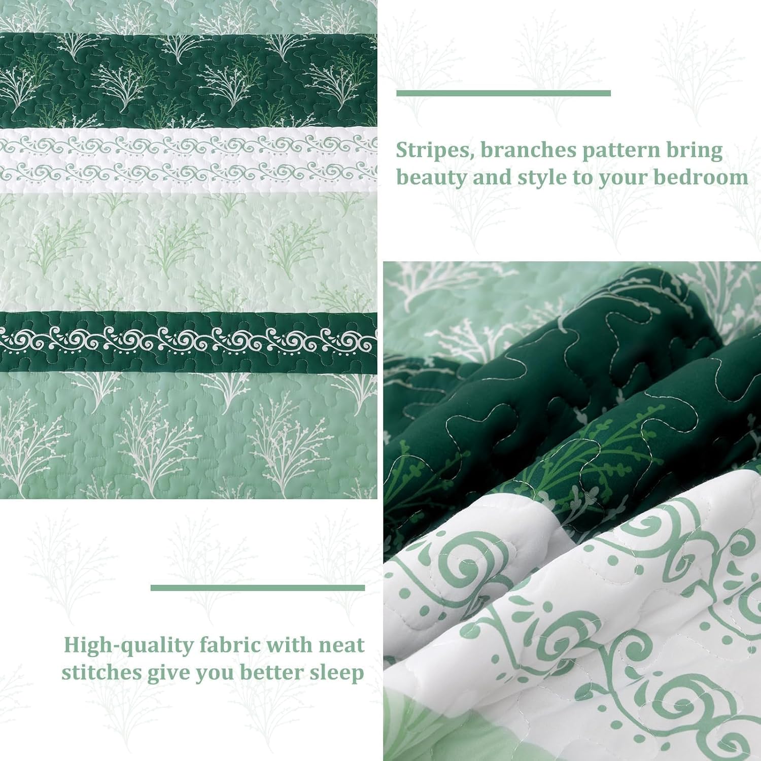 DJY Boho Queen Quilt Set Green Striped Floral Bedspread Coverlet 3 Piece
