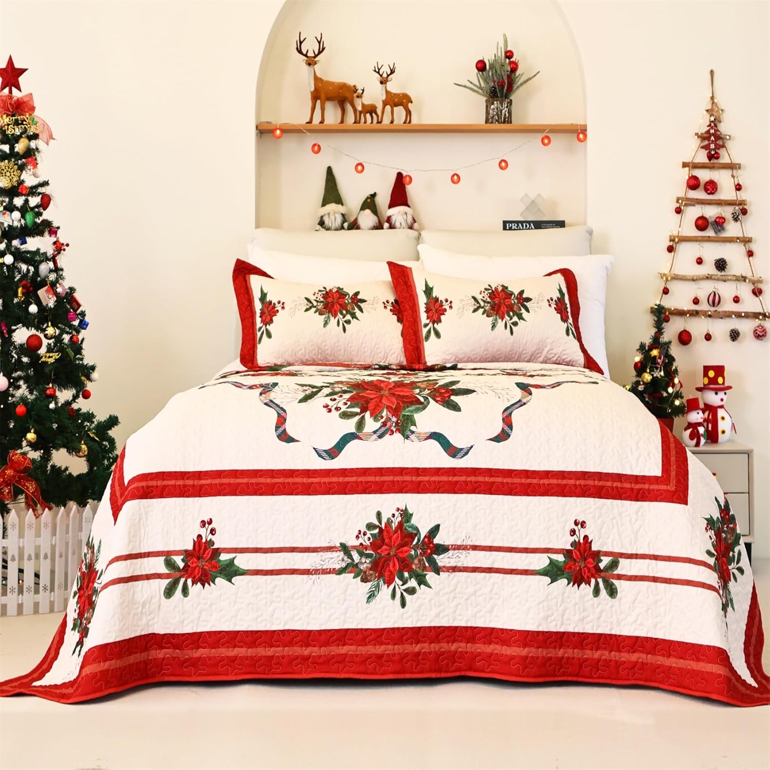 Cmfshape Christmas Bedspread Queen Size 3Pcs Red Set
