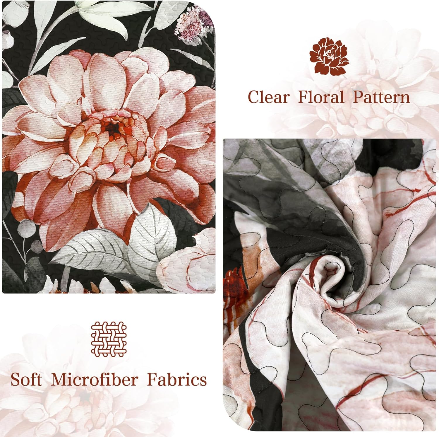 Drucon Black Quilt Queen Set - 3 Piece Pink Floral Bedding