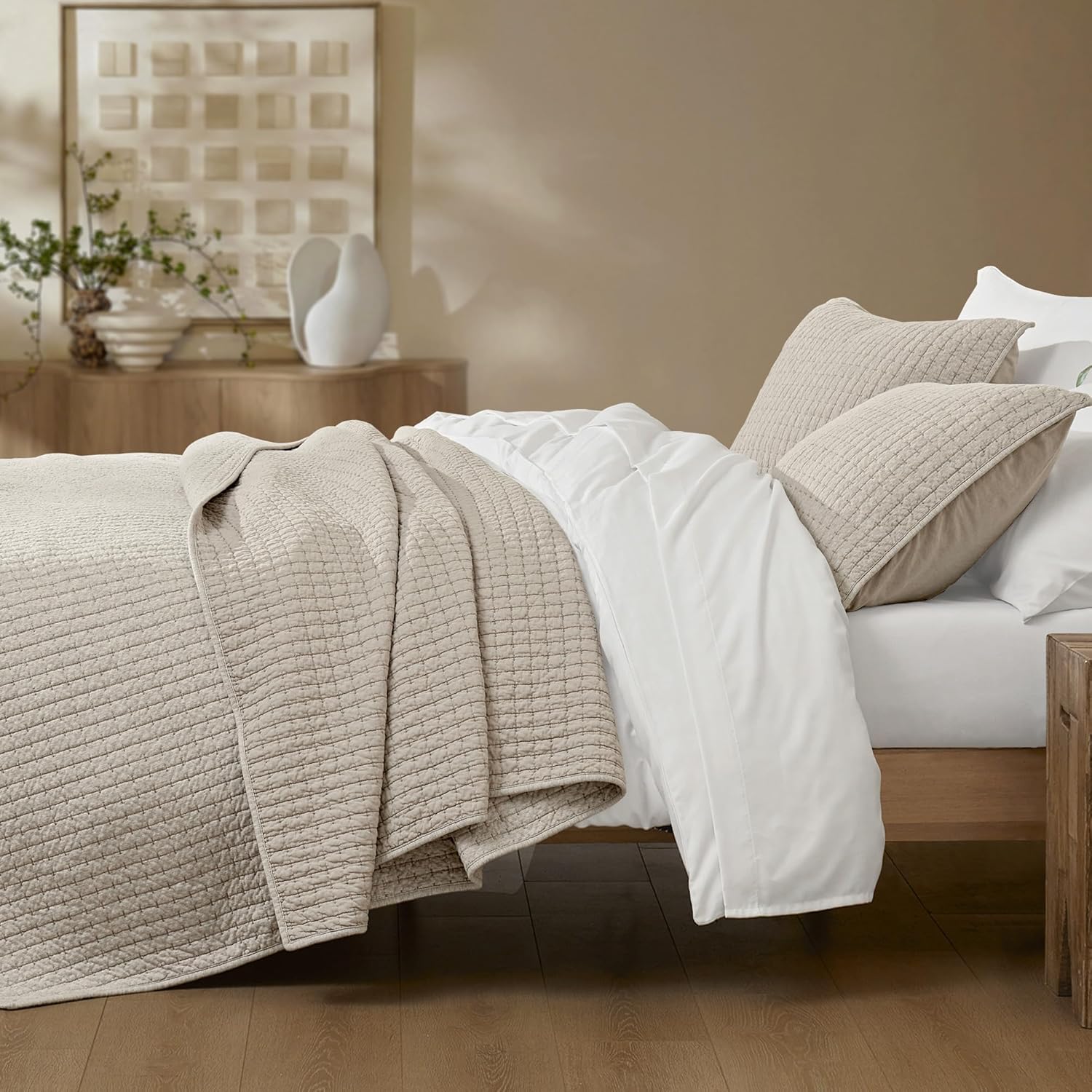 Wonderful 100 Cotton Jersey Knit Quilt Set - Apricot Beige Queen Size