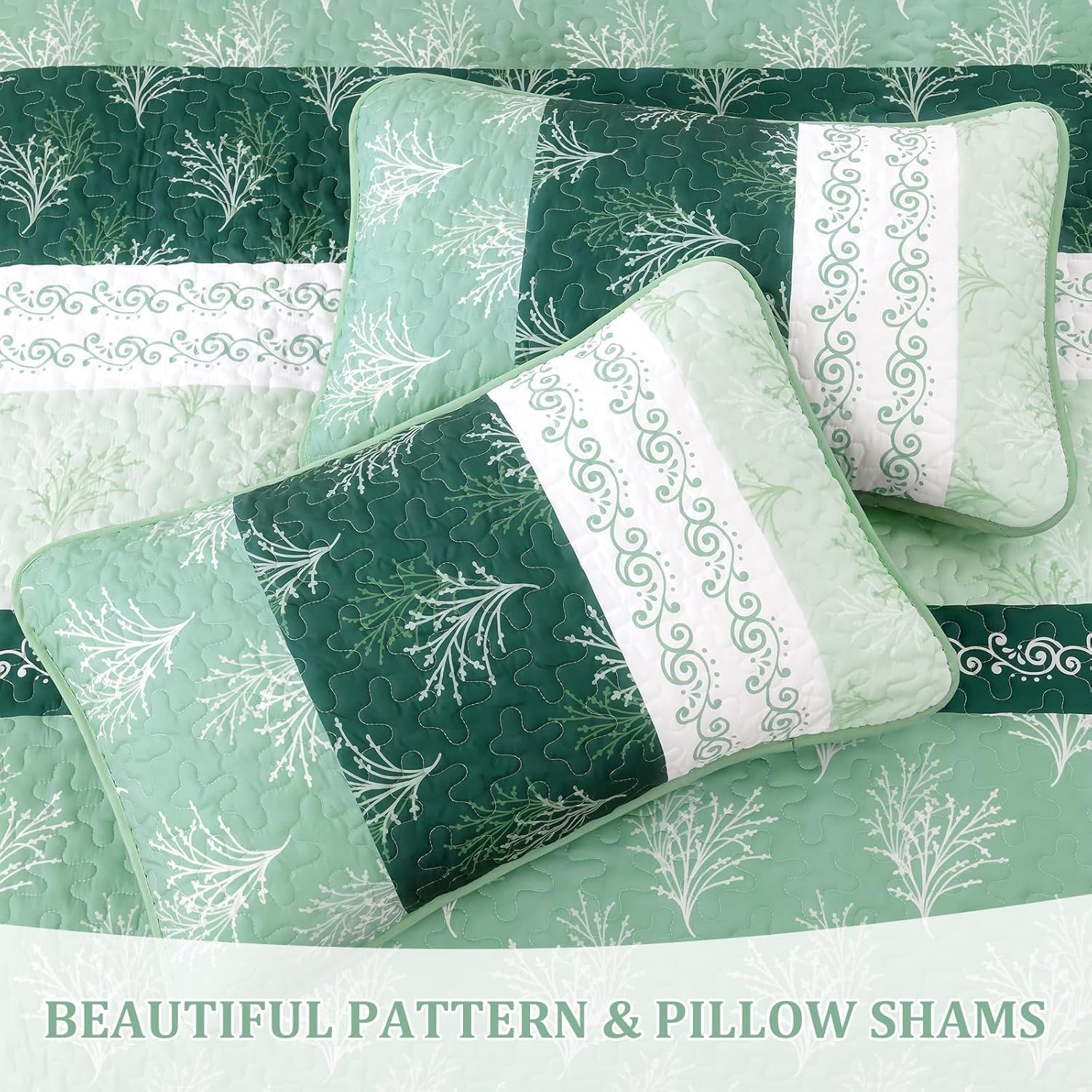 DJY Boho Queen Quilt Set Green Striped Floral Bedspread Coverlet 3 Piece