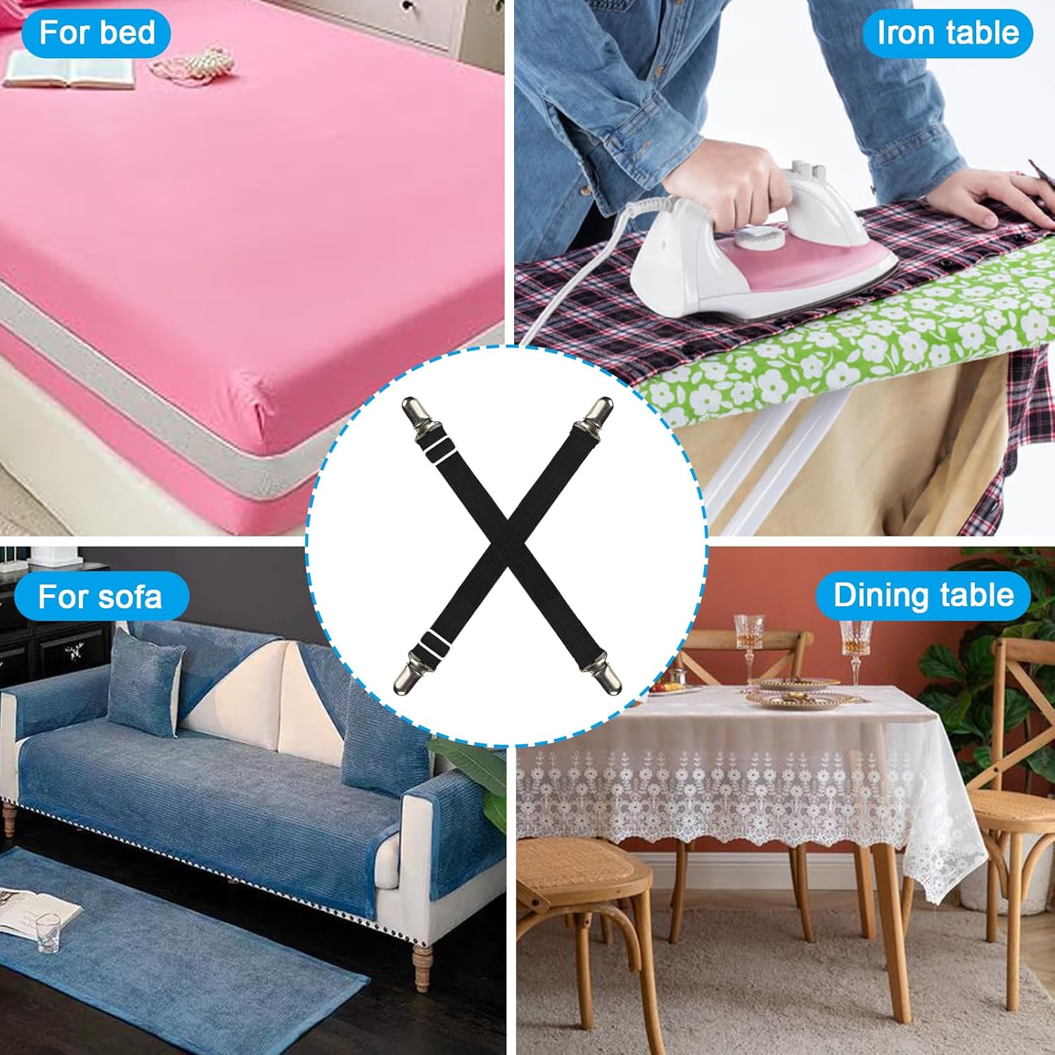 Premium Adjustable Bed Sheet Clips with Elastic Straps and Clips