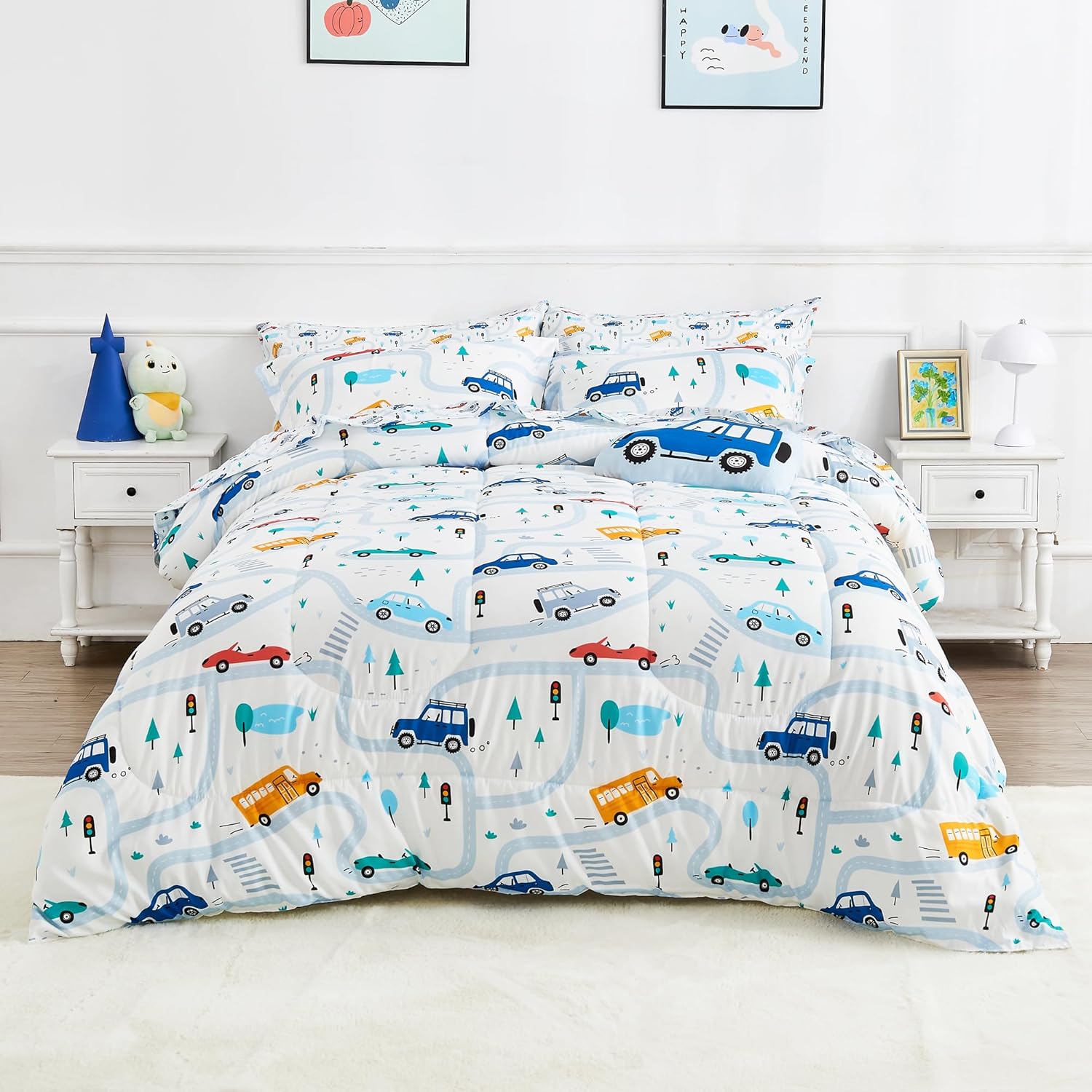 Mooreeke Kids Twin Bed in a Bag Set with Car Patterns