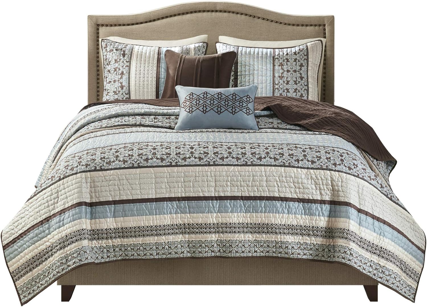 Madison Park Quilt Set with Jacquard Stripes - 5 Piece Floral Blue