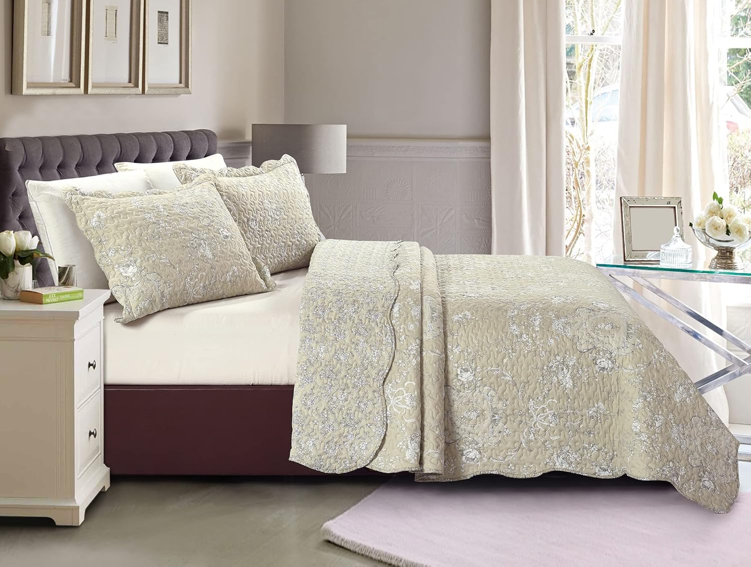 Brilliant Sunshine 3-Piece Quilt Set Classic Grey Floral Toile