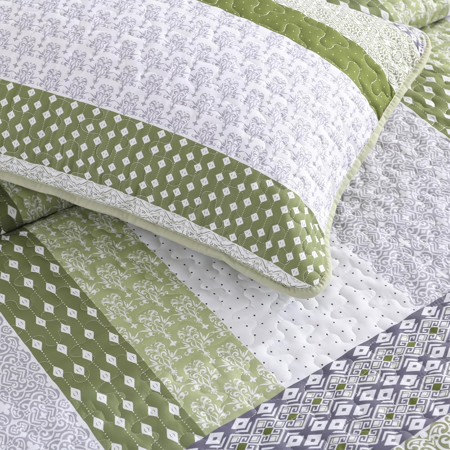 WONGS BEDDING Olive Green Boho Quilt Set Queen Size 3 Pieces