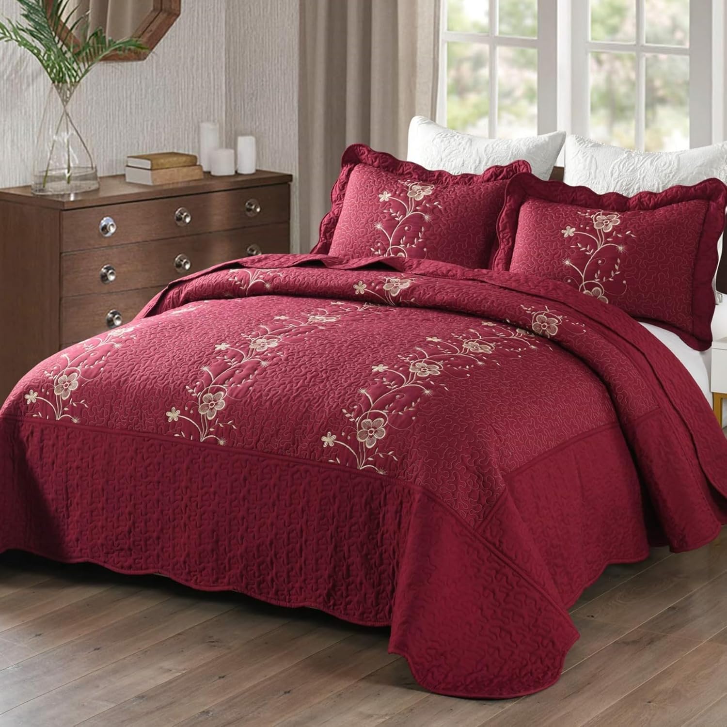 MarCielo 3 Piece Quilt Set Bedspread Microfiber Embroidered Comforter Set
