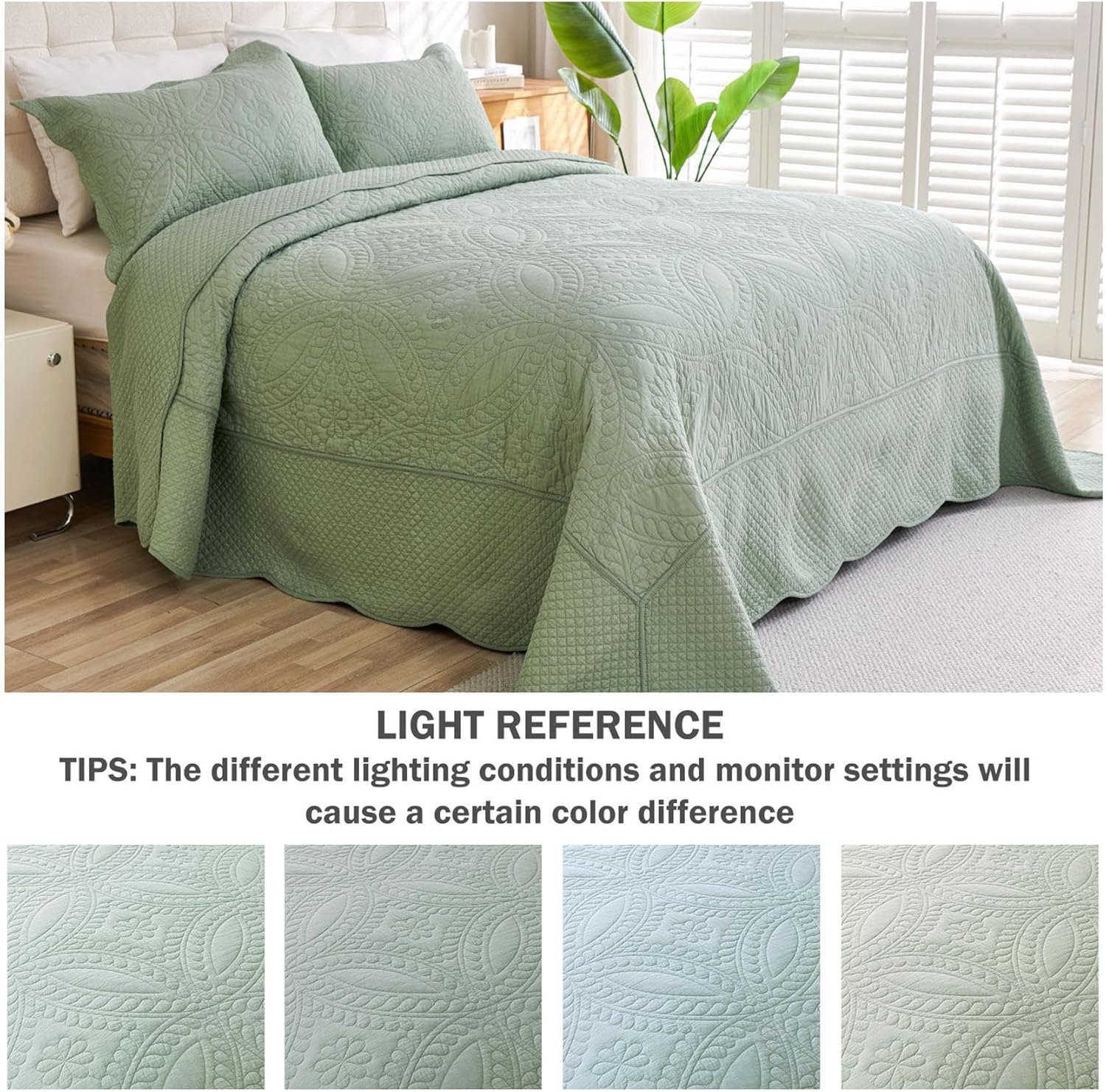 Cmfshape King Size Quilt Set Sage Green Coin Pattern 3 Piece