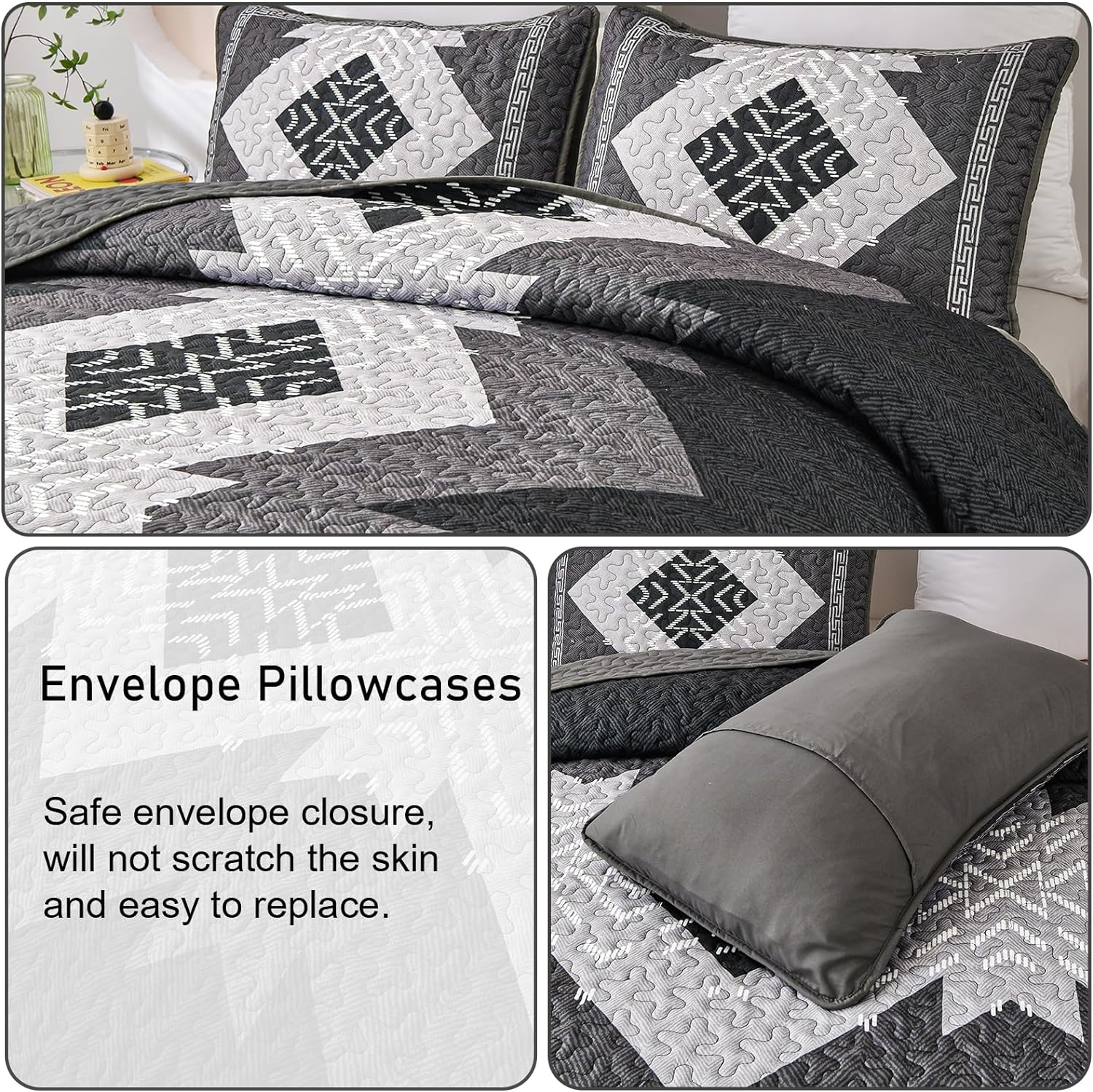 Dintszyayue Black Boho Quilt Set 3 Piece California King 1