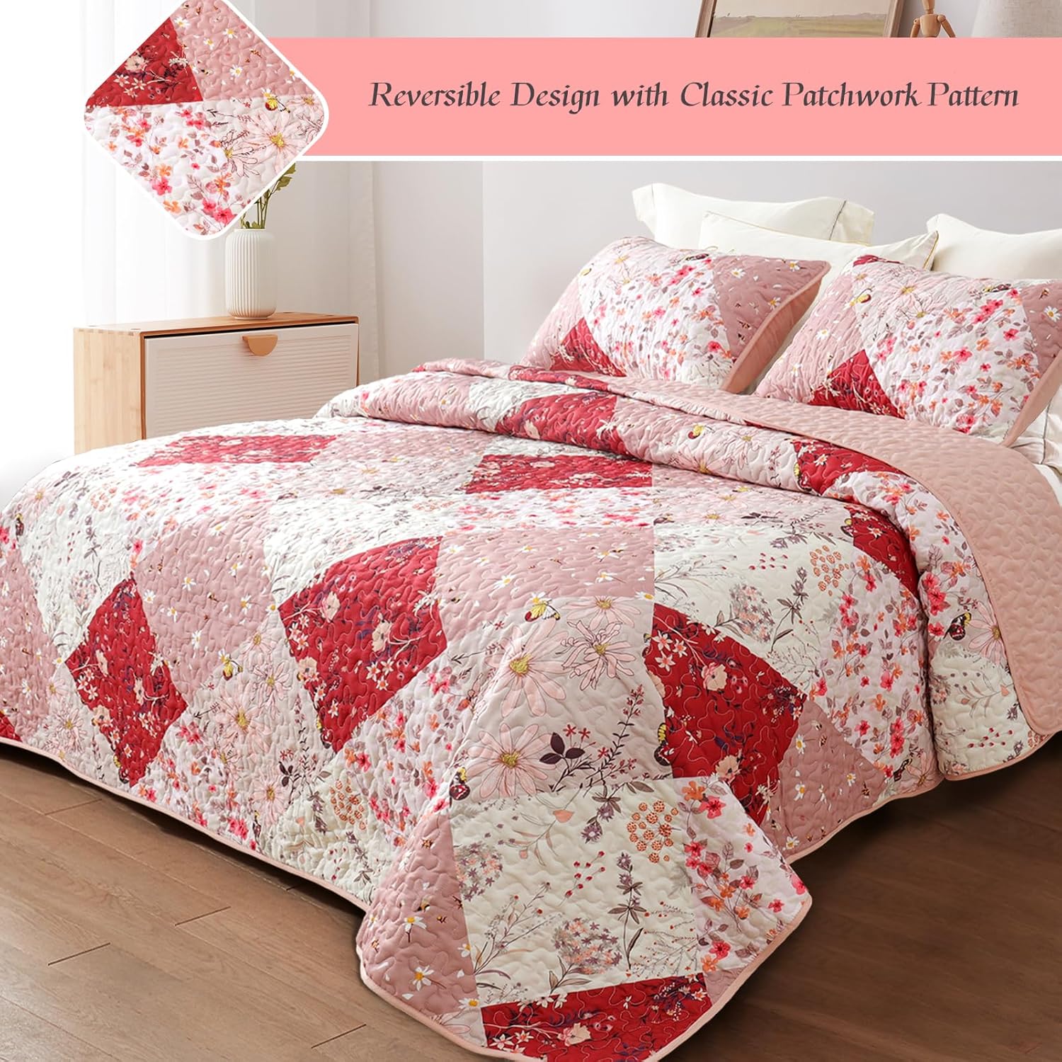 Whale Flotilla Reversible Patchwork Quilt Set Twin Size Red