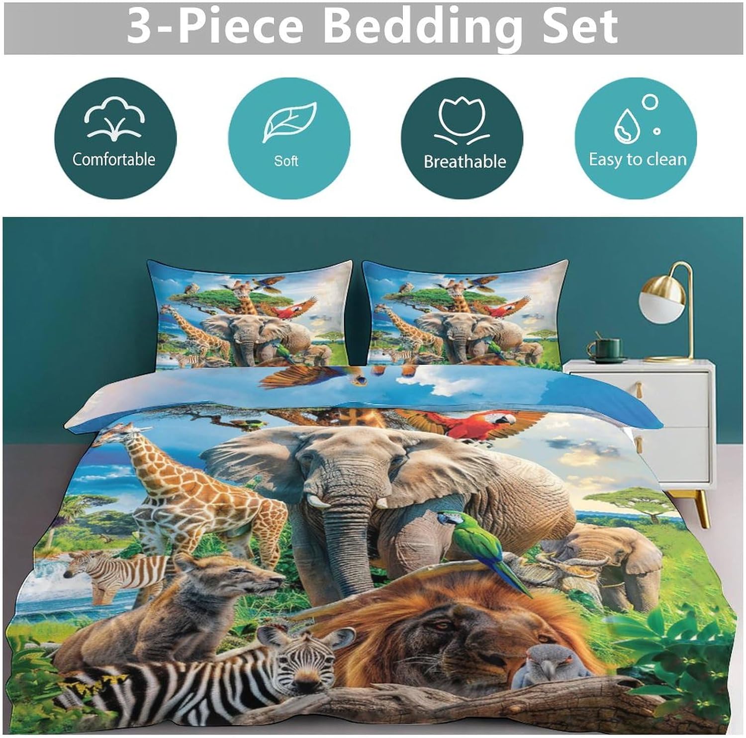 Funny Animals Duvet Cover Set 3 Pieces Jungle Print