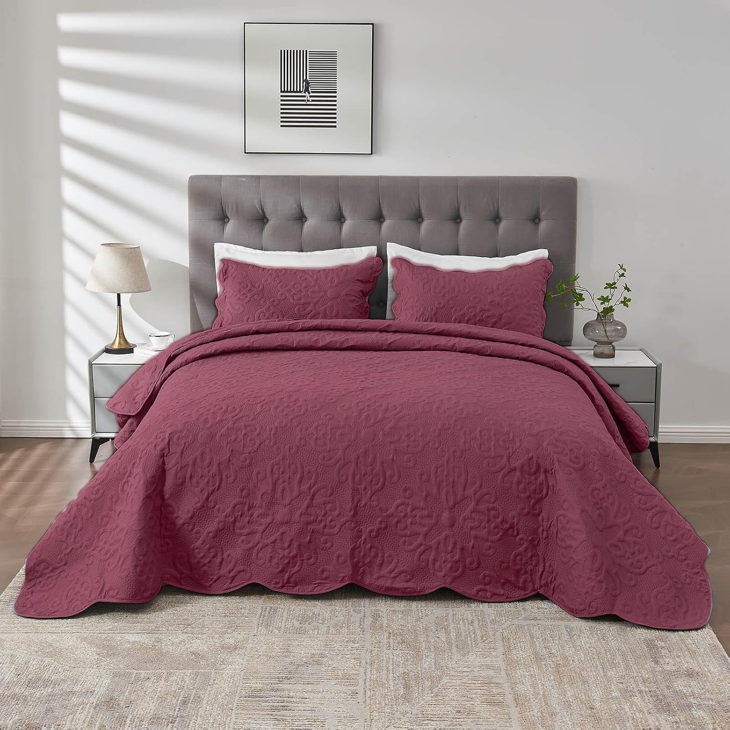 Kingnex Oversized King Bedspread Set Burgundy 128x120