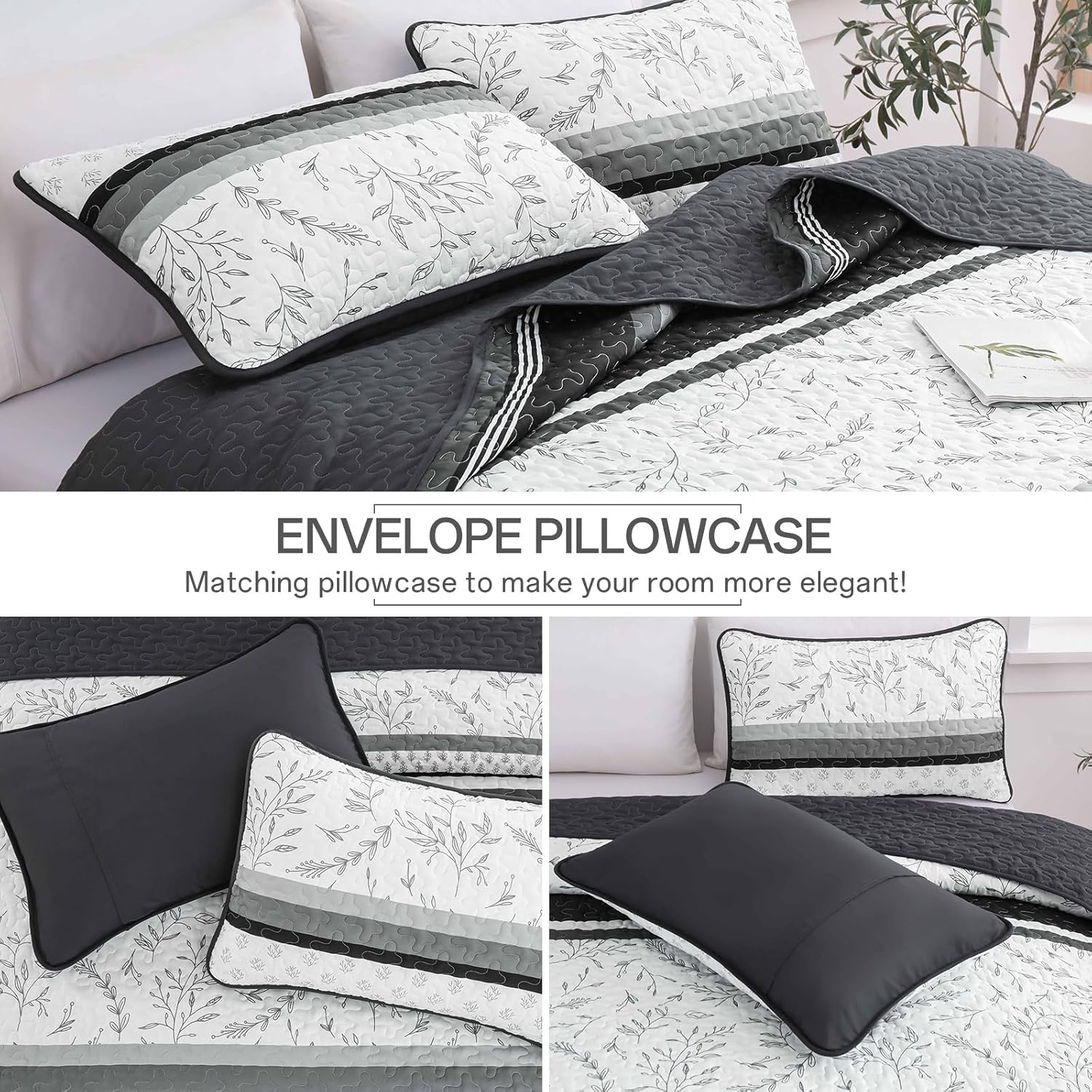 DJY Black Striped King Quilt Set with Pillowcases