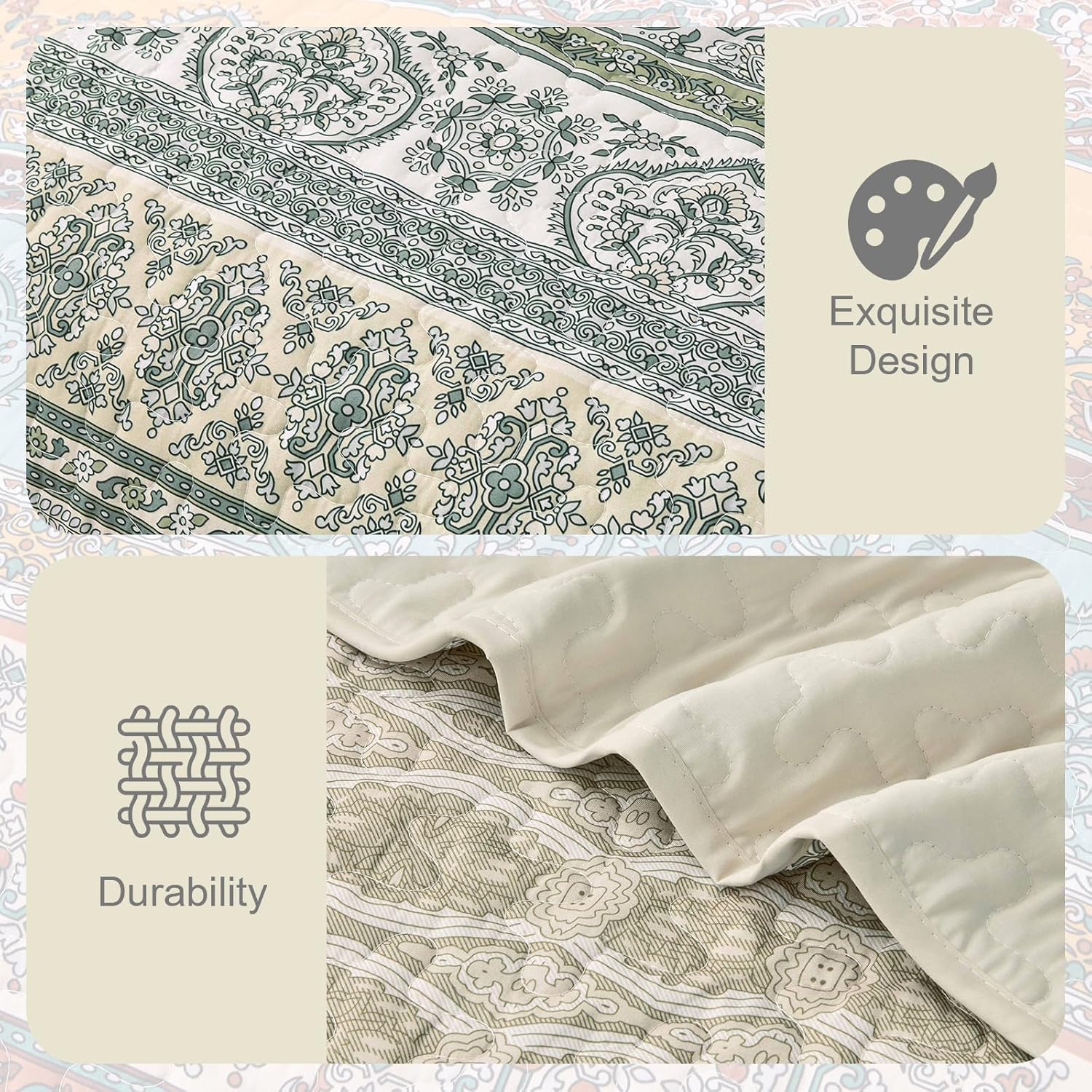 WONGS BEDDING Boho Quilt Set Queen Size Beige 3 Pieces
