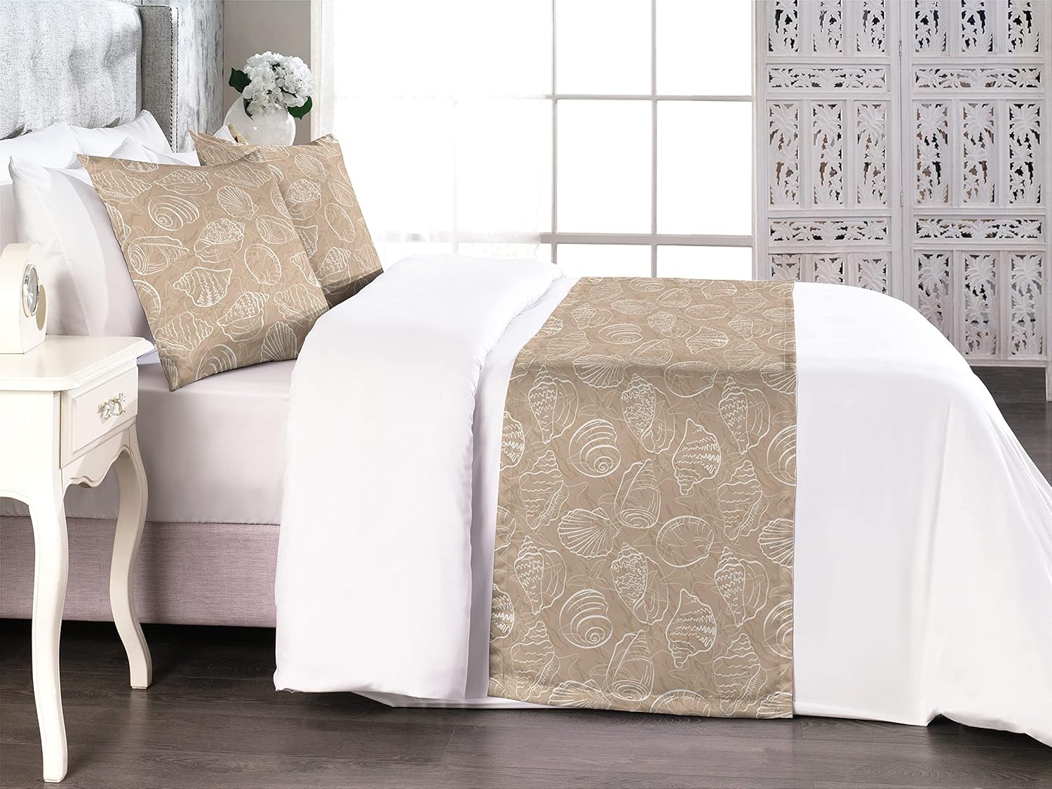 Ambesonne Coastal Bed Runner Set Tan White