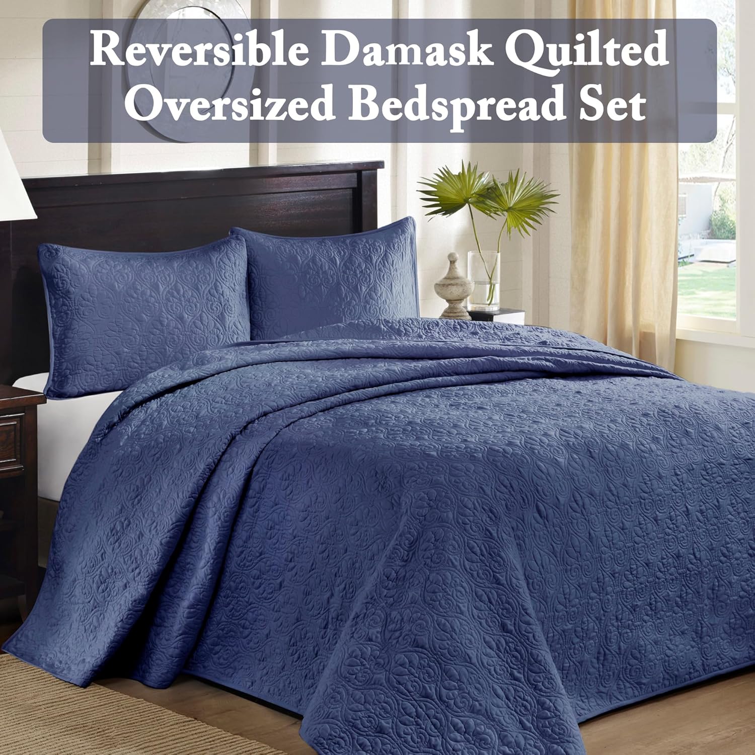 Madison Park Quebec Queen Size Reversible Bedspread Set - Navy Damask