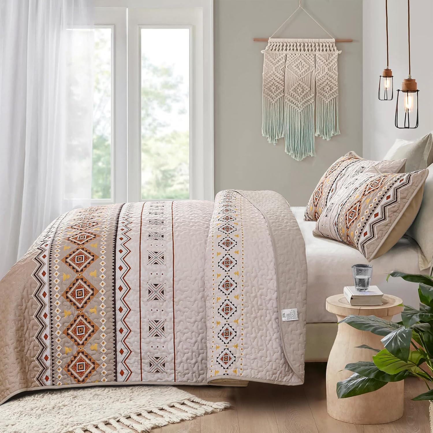WONGS BEDDING Boho Beige Quilt Set Queen Size 1