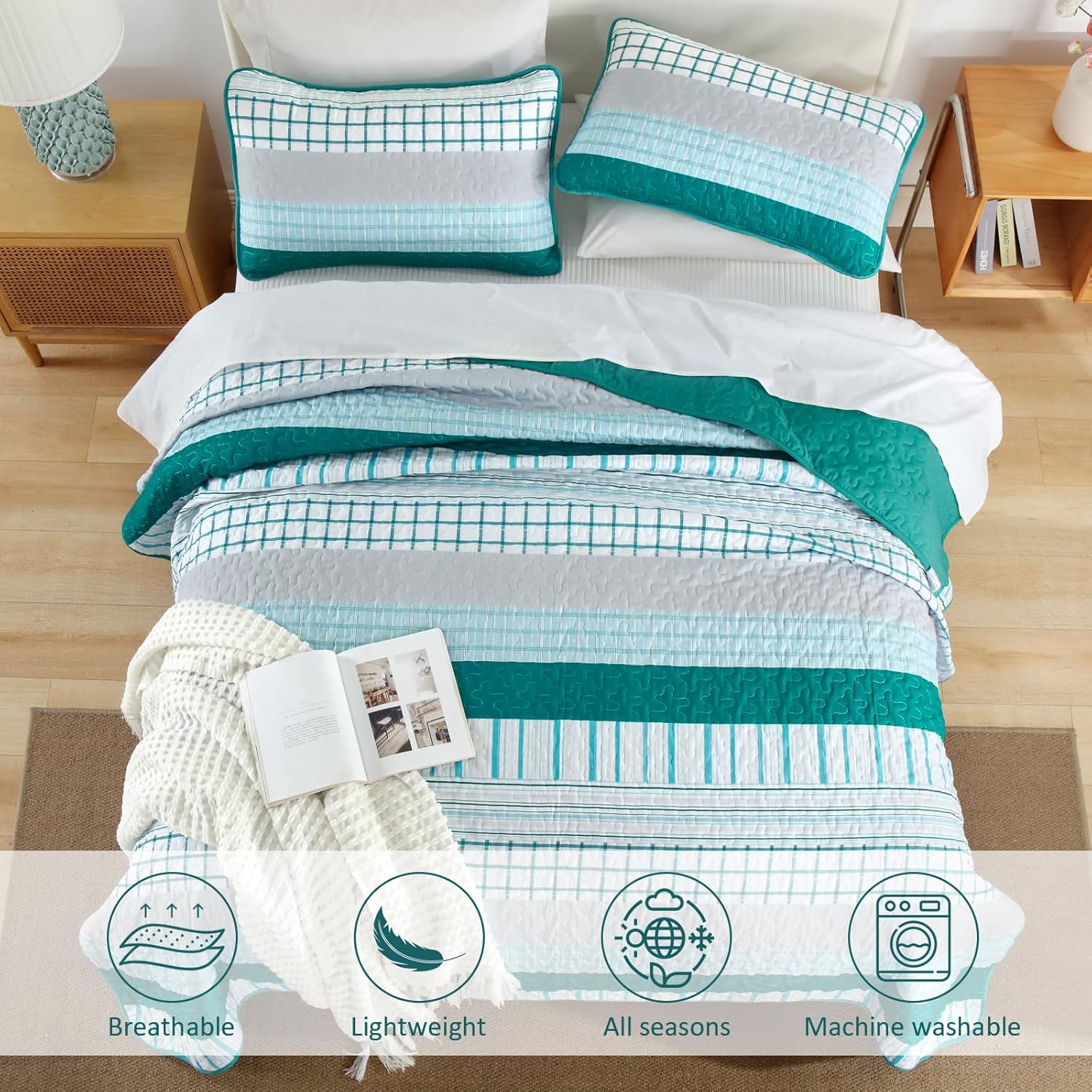 DJY Striped Quilt Set Queen Size Teal Boho