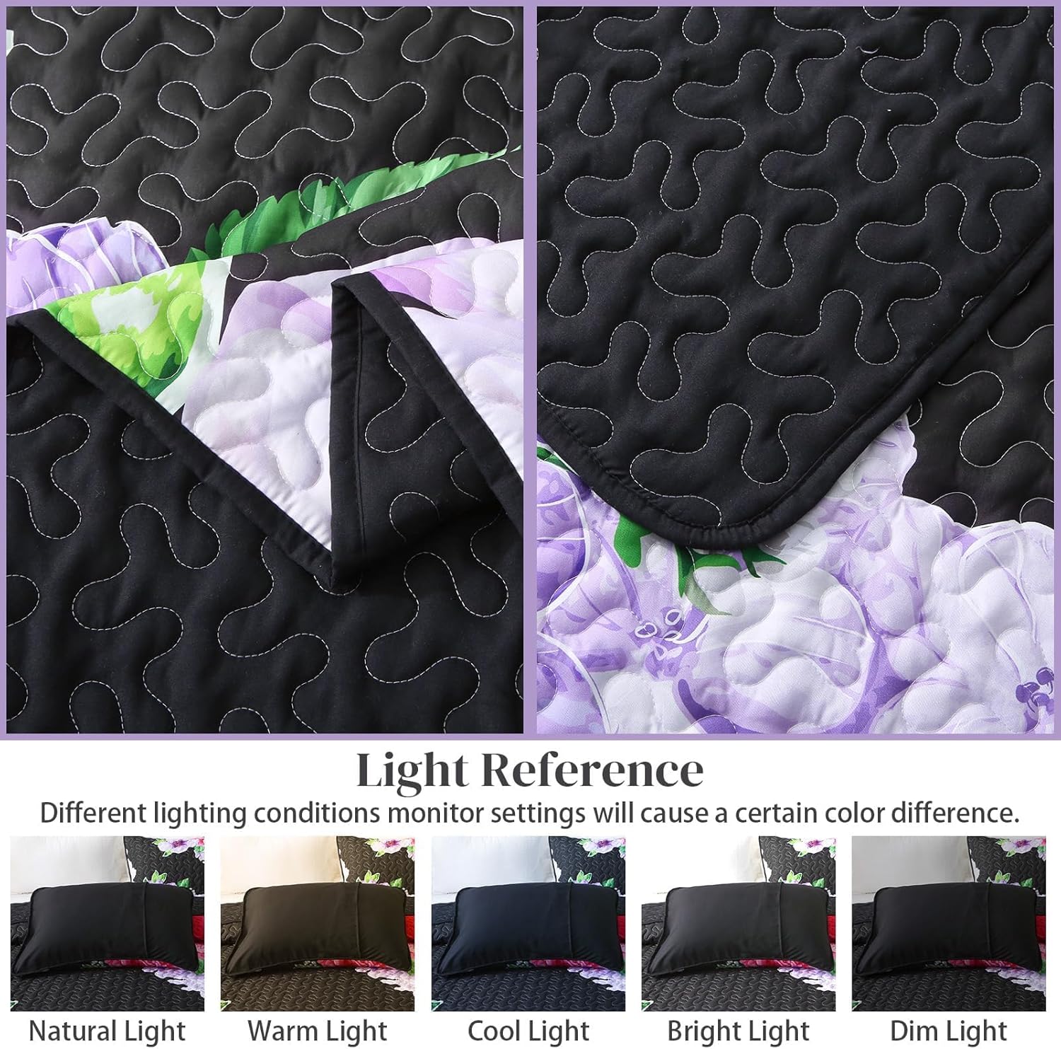 Heymybed Black Floral Quilt Set King Size 3 Pieces