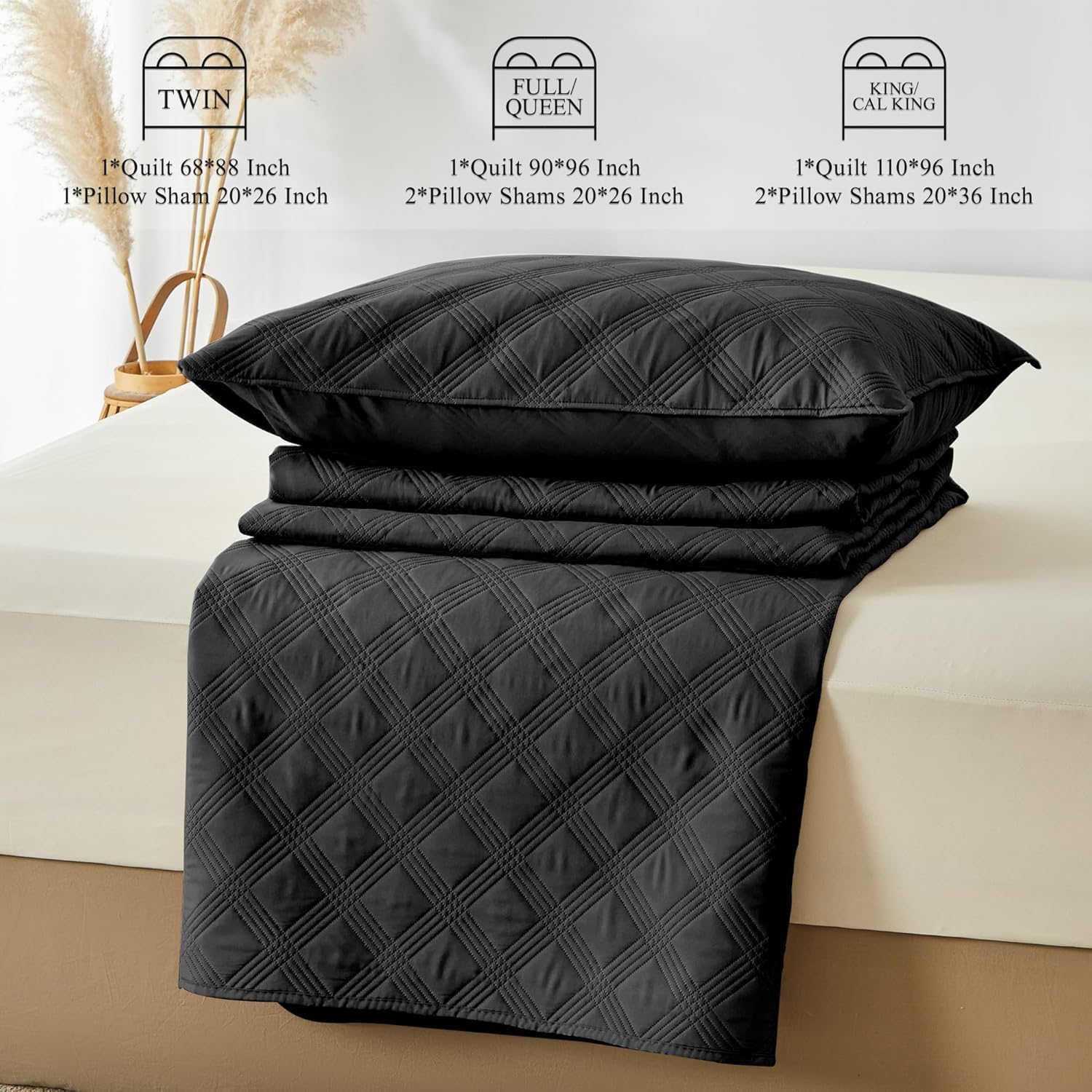 Inron Quilt Set Twin Size Black Microfiber Geometric Pattern Bedding Set