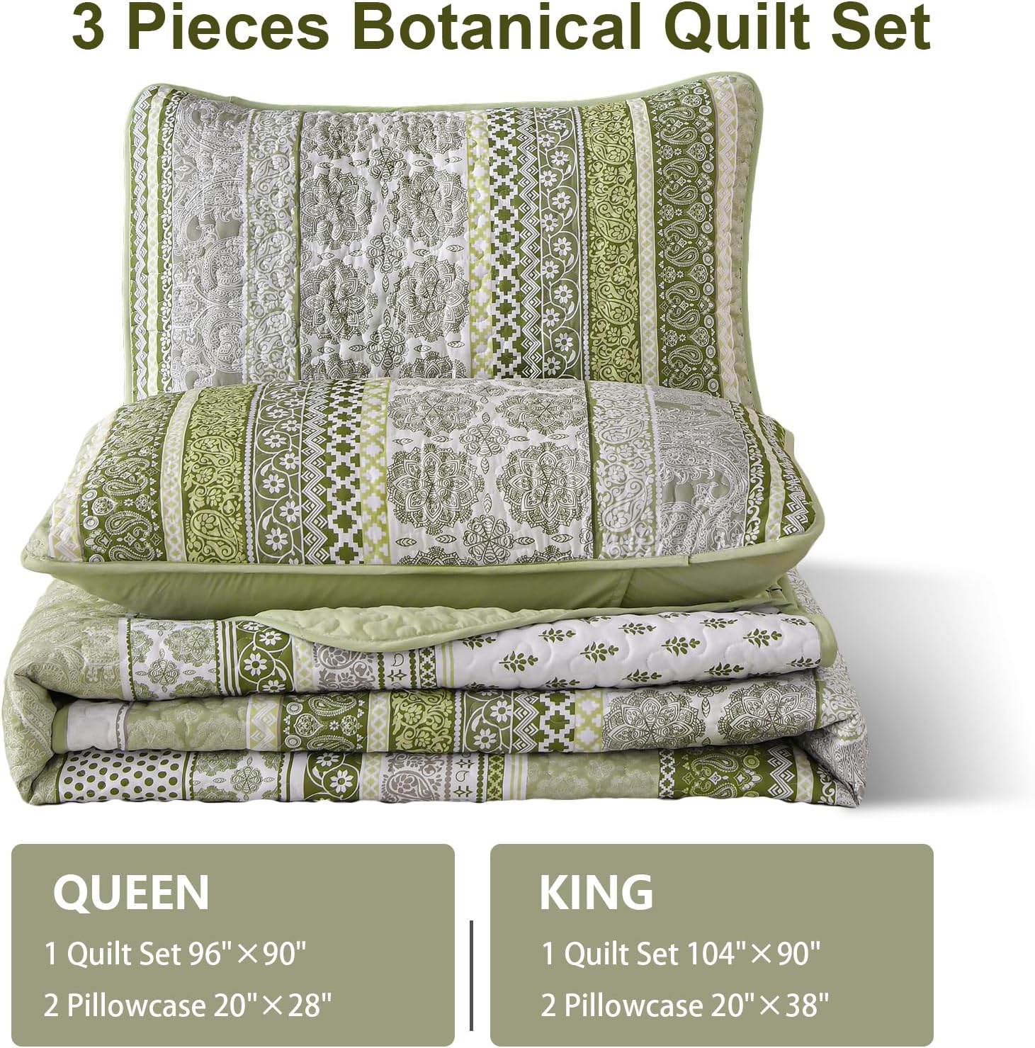 WONGS BEDDING Sage Green Boho Quilt Set Queen Size 3 Pieces