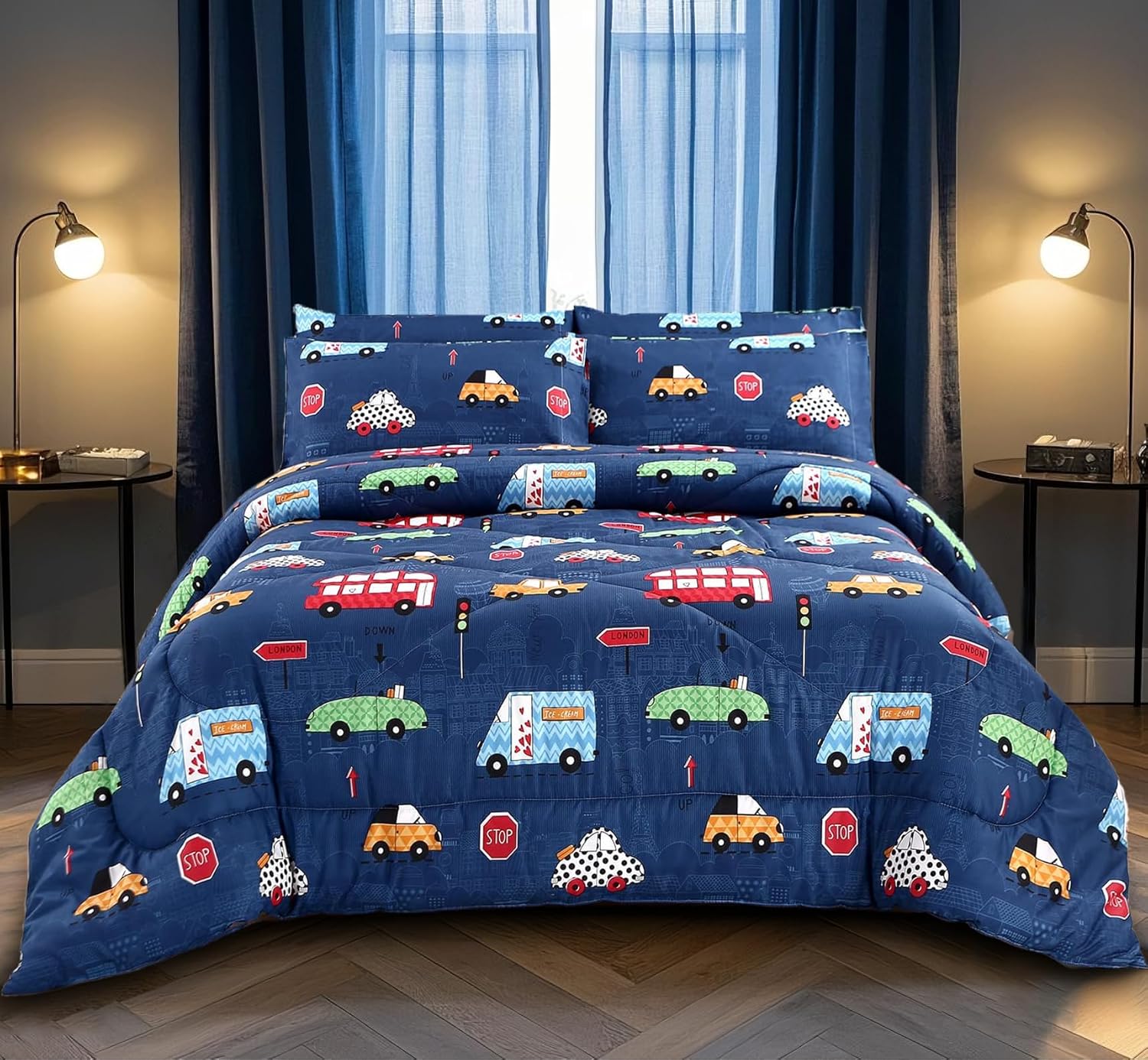 MAG 3Pcs Cartoon Car Comforter Set Queen Size 1