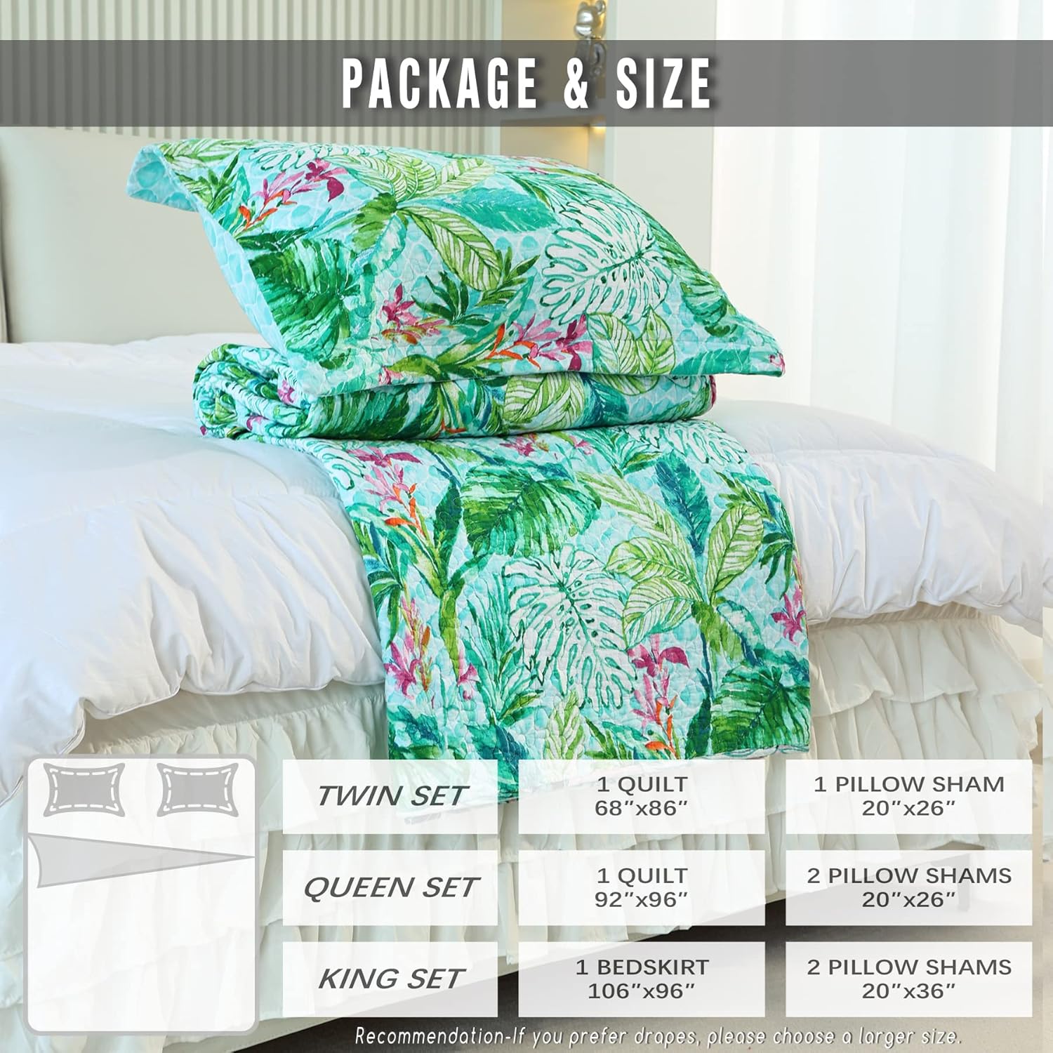 EVENHUG Green Leaf Twin Quilt Set Reversible Bedspread