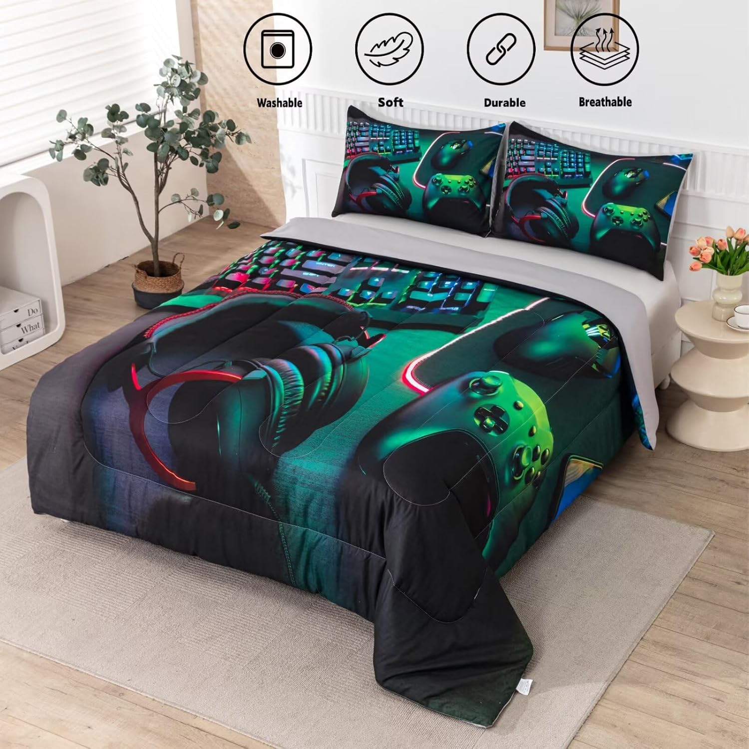 GRAT TIOC Gamer Comforter Set for Teen Boys 3 Piece