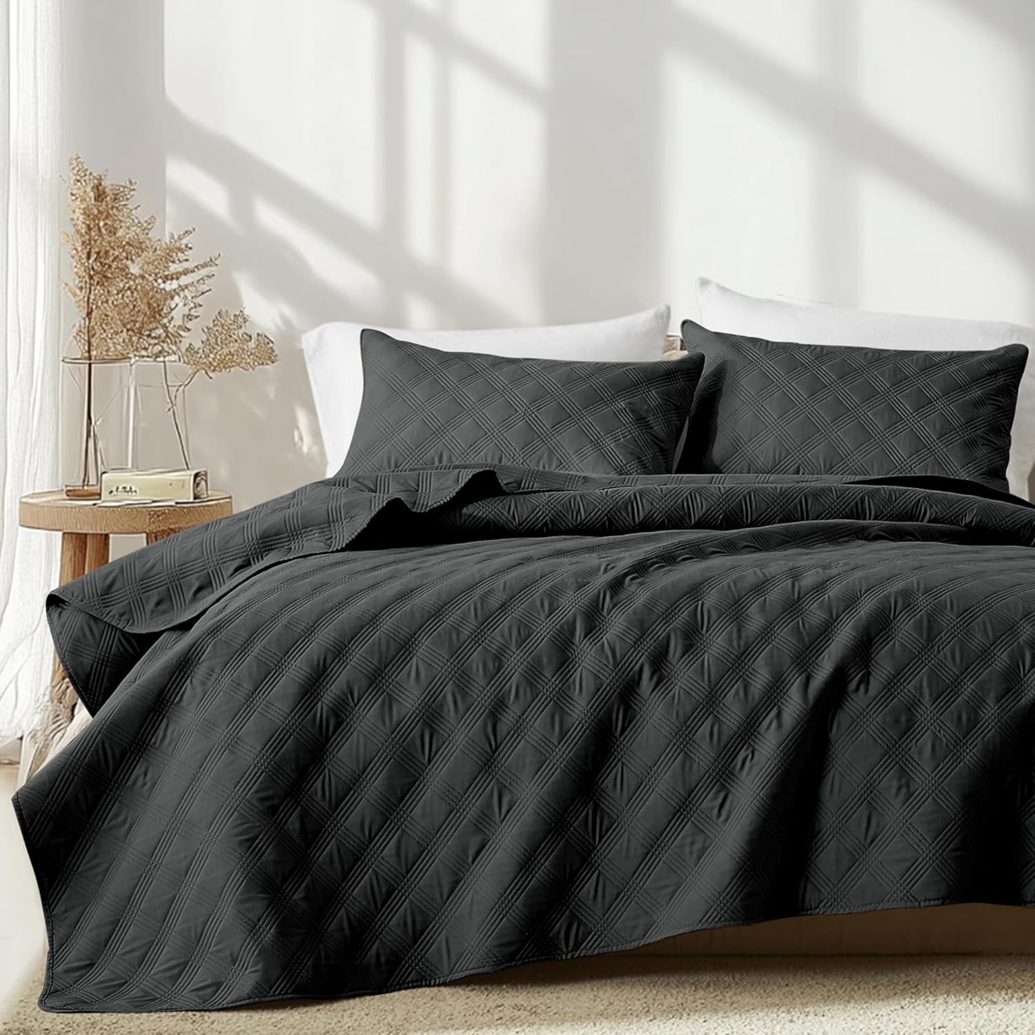 Inron Quilt Set Twin Size Black Microfiber Geometric Pattern Bedding Set