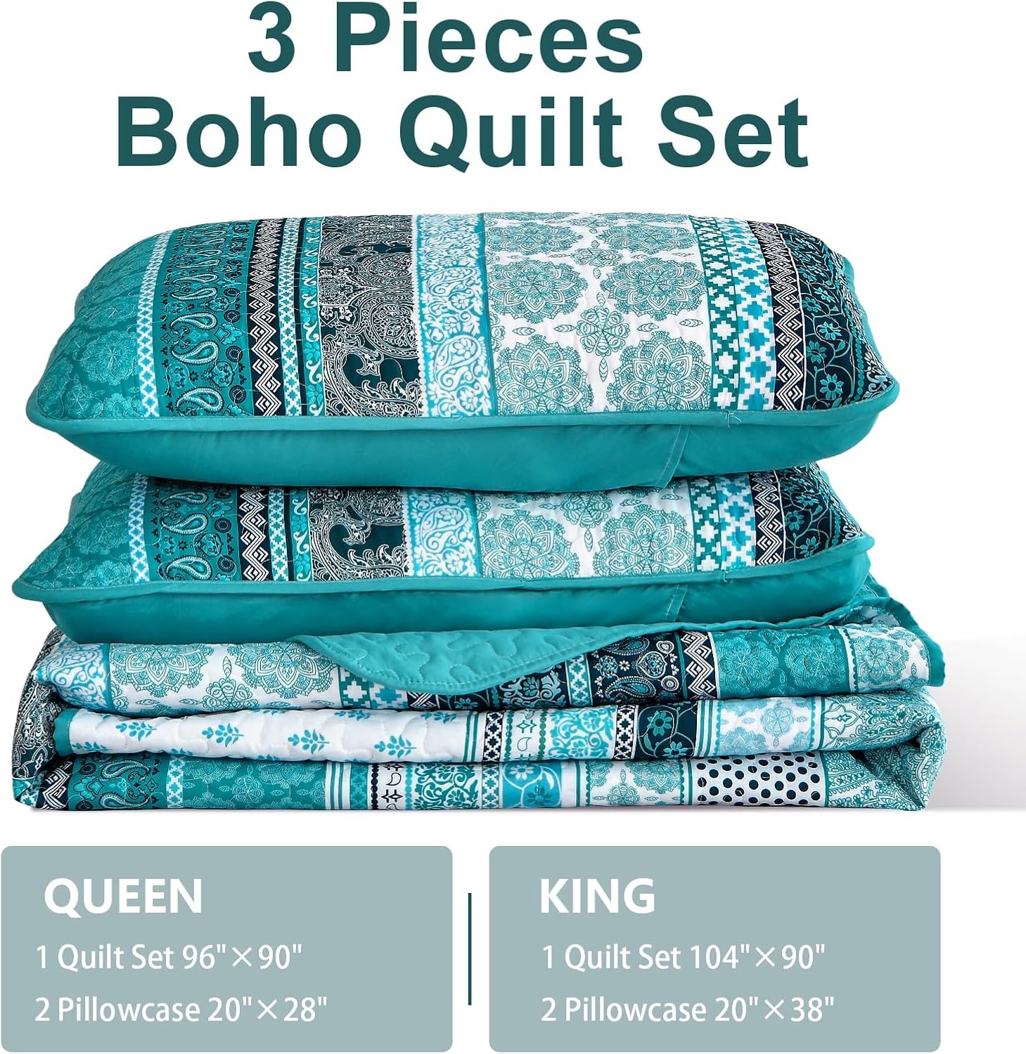 WONGS BEDDING Teal Boho Quilt Set Queen 3 Piece