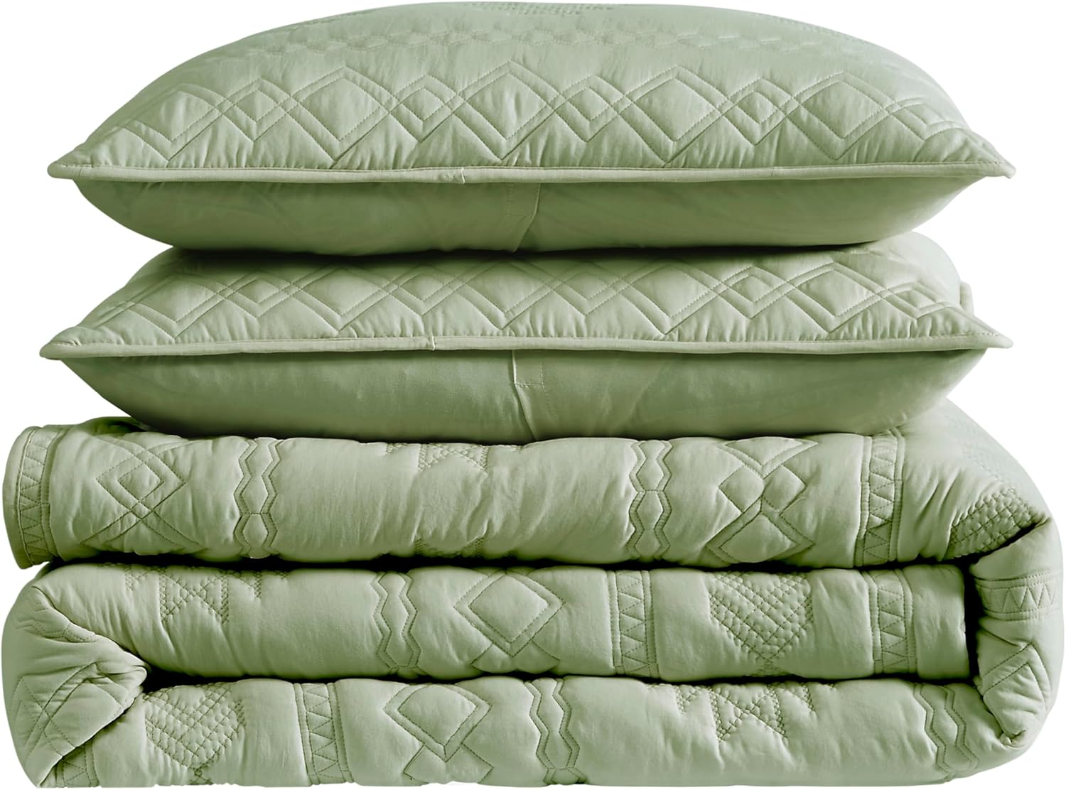 WDCOZY Boho Sage Green Queen Quilt Set with 2 Pillow Shams 1