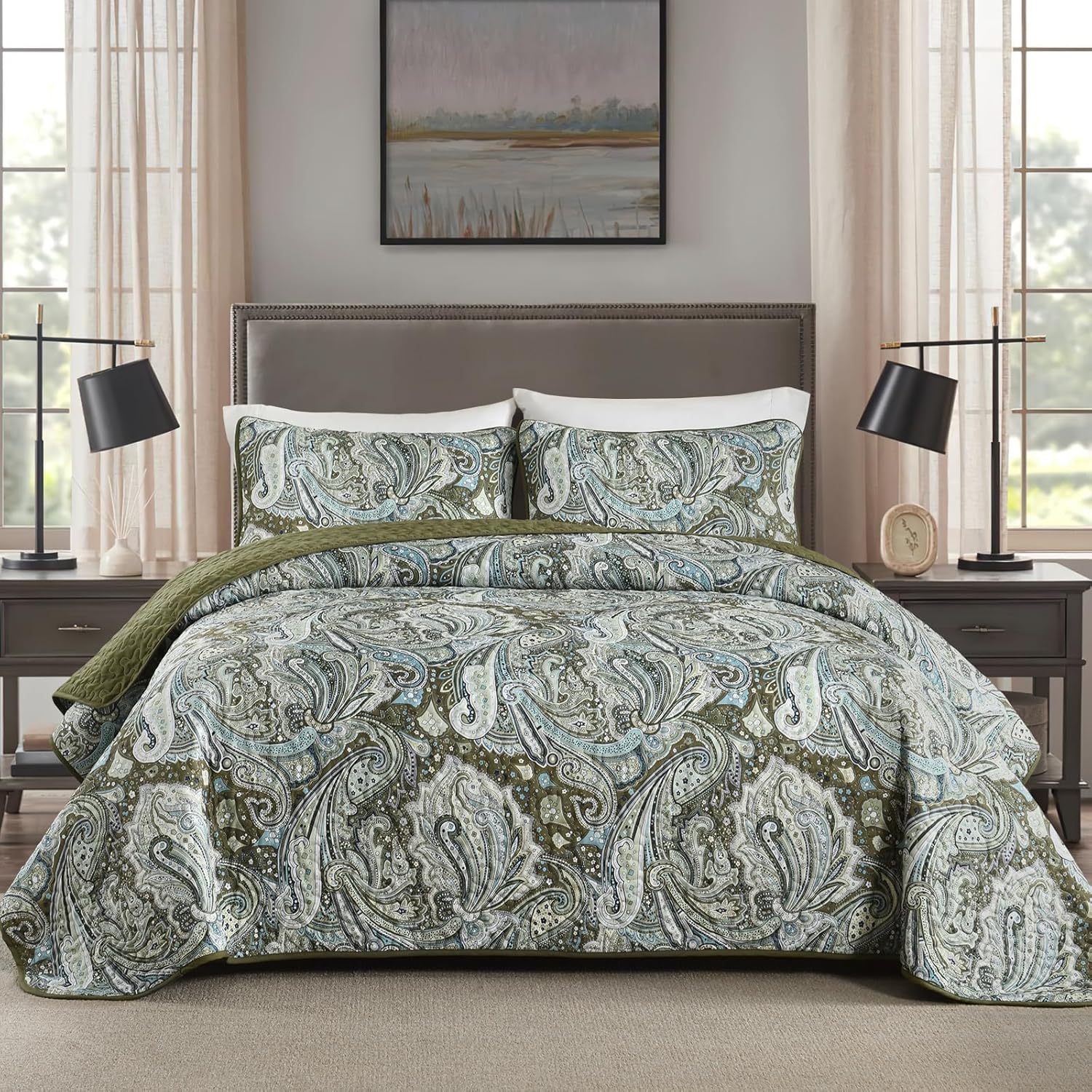 DJY Green Paisley Quilt Set King Size 3 Pieces