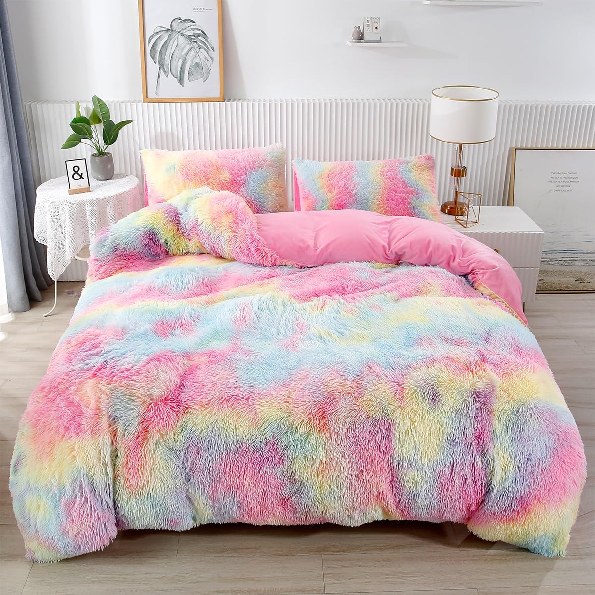 PERFEMET Pink Faux Fur Fluffy Comforter Set Twin