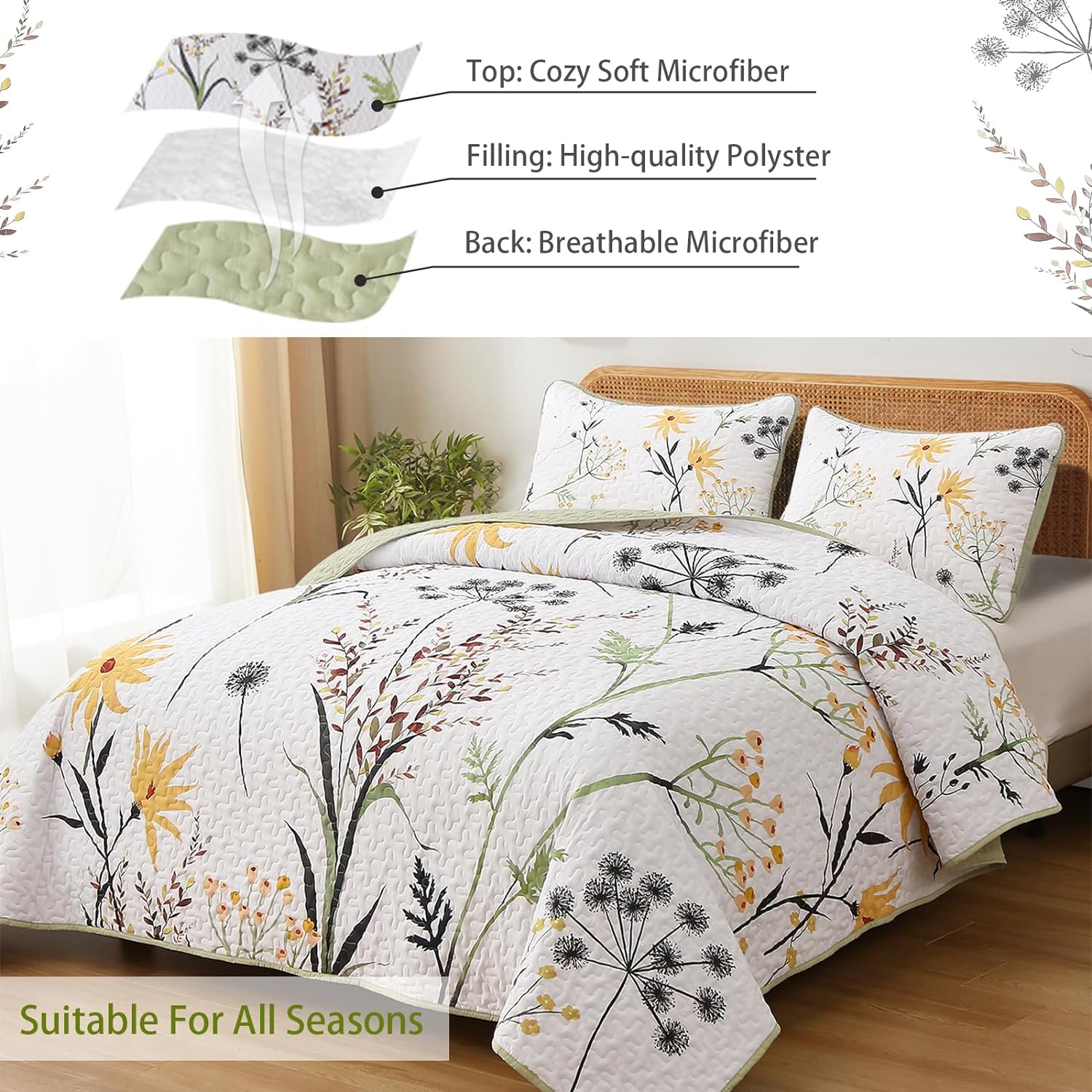 Dobuyly Botanical Floral Quilt Set King Size