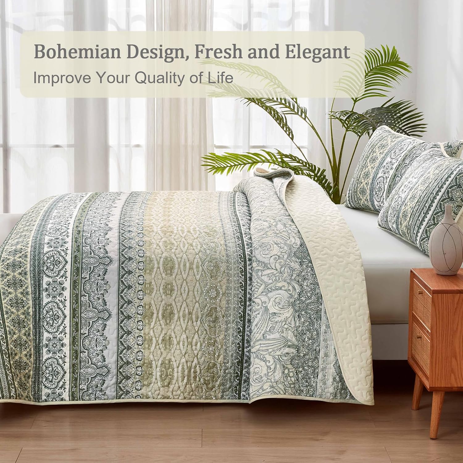 WONGS BEDDING Boho Quilt Set Queen Size Beige 3 Pieces
