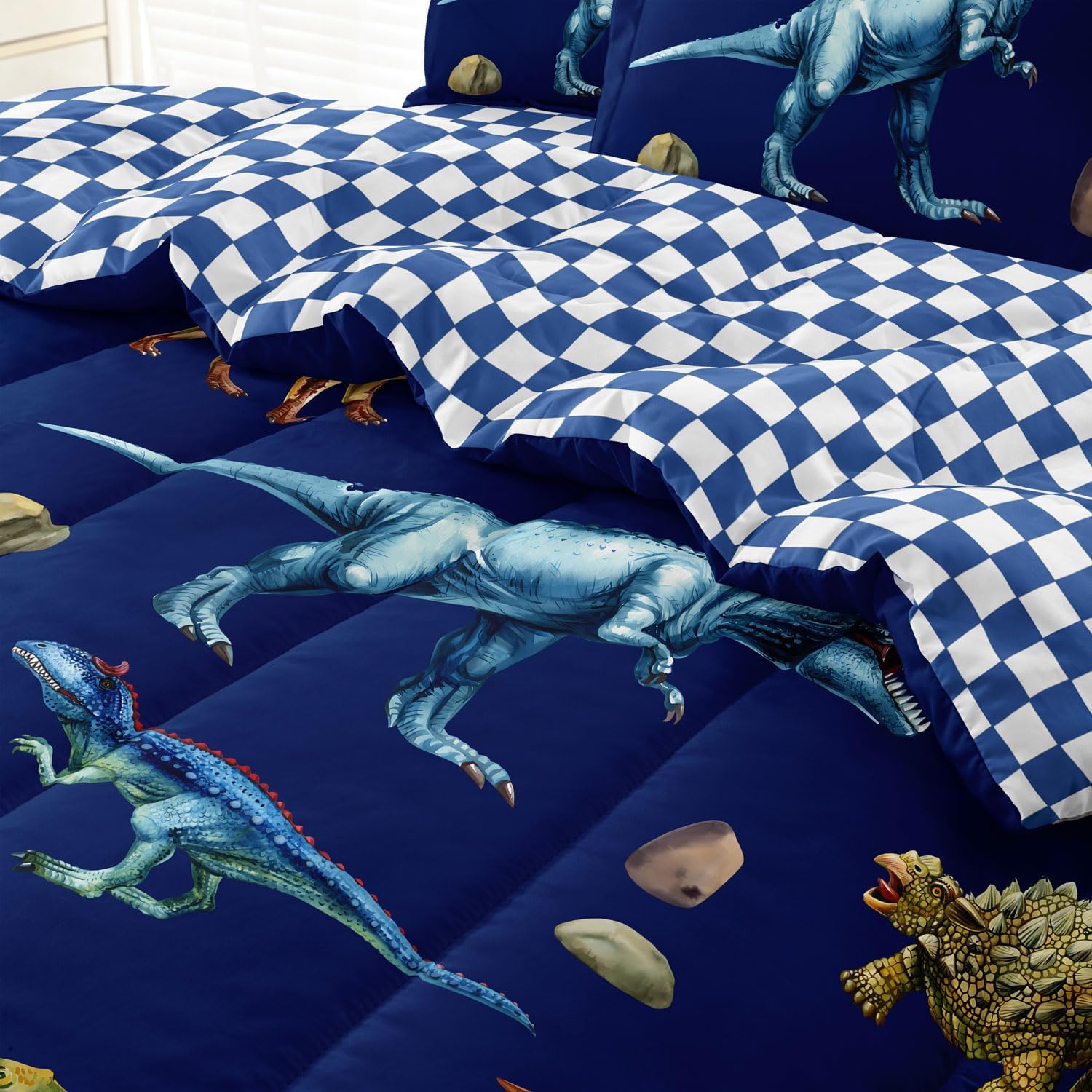 Leaflin Kid Twin Comforter Set - Dinosaur Themed Blue Bedding