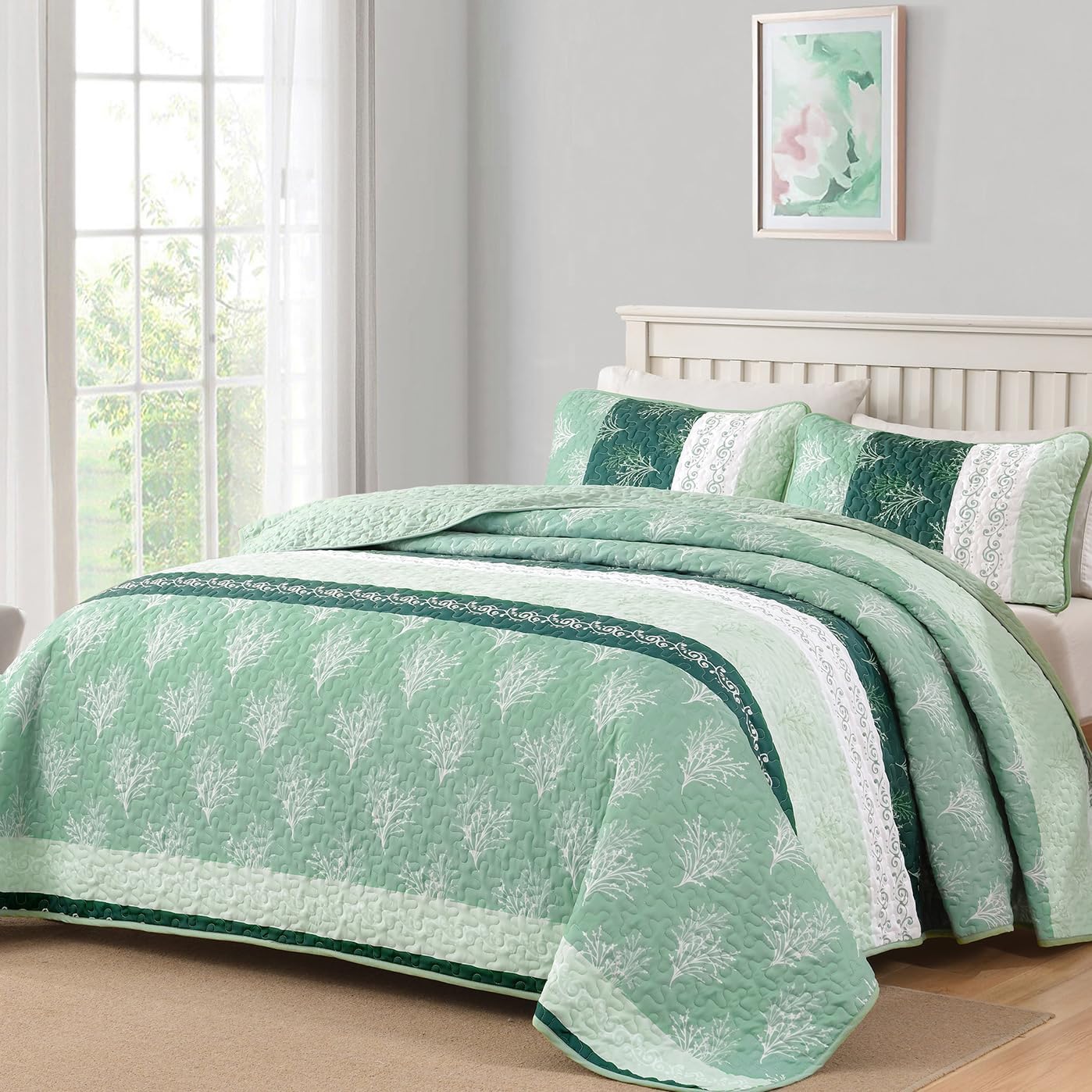 DJY Boho Queen Quilt Set Green Striped Floral Bedspread Coverlet 3 Piece