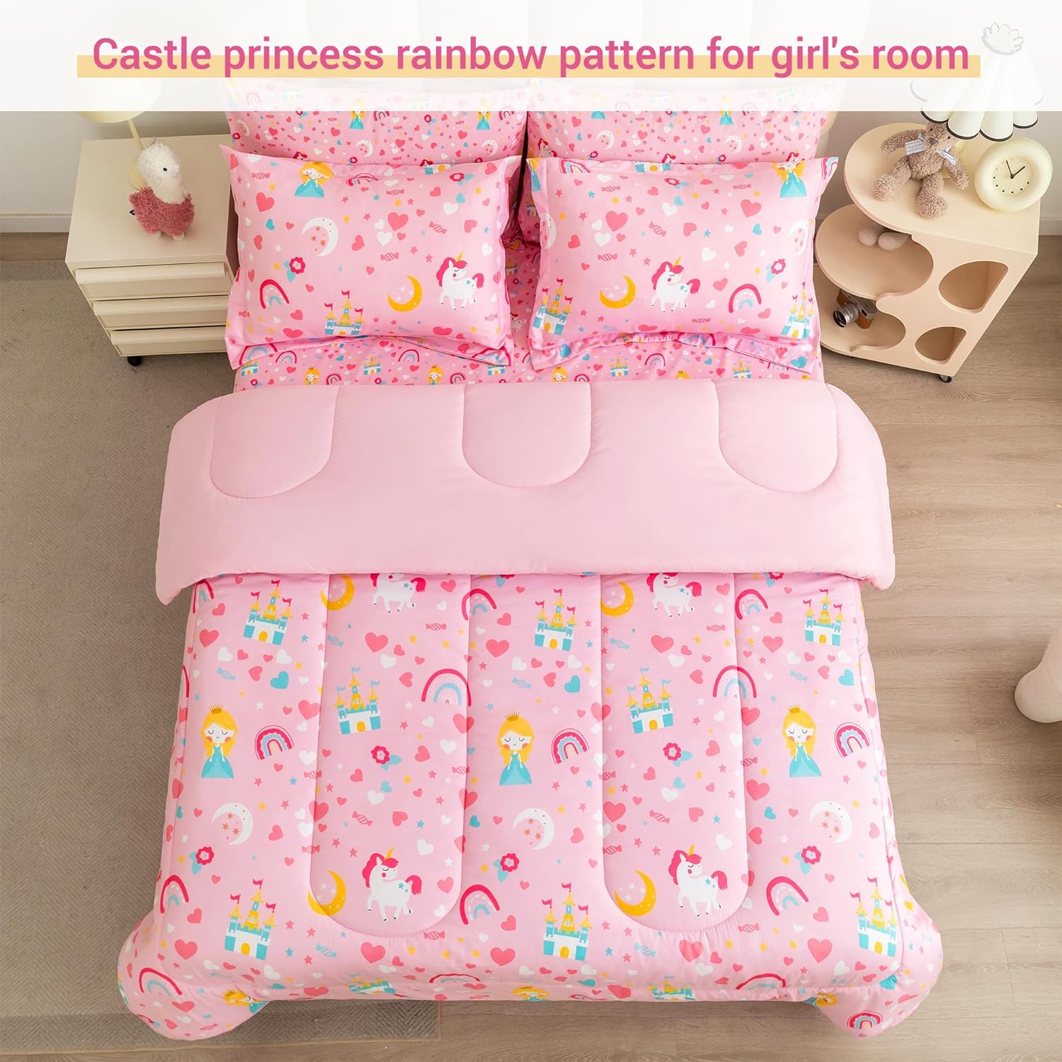 Viviland Girls Twin Comforter Set - Pink Unicorn Princess Rainbow