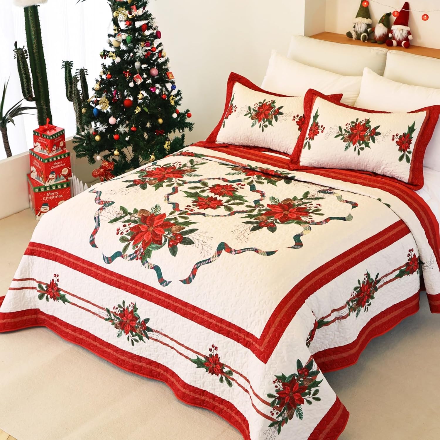 Cmfshape Christmas Bedspread Queen Size 3Pcs Red Set