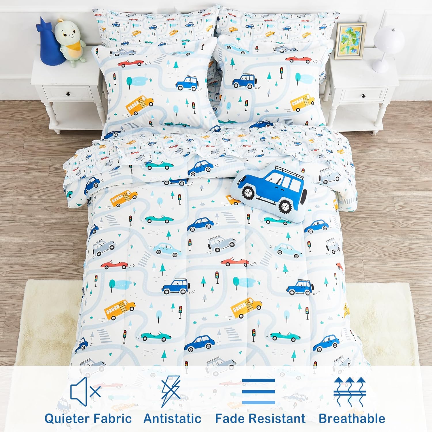 Mooreeke Kids Twin Bed in a Bag Set with Car Patterns