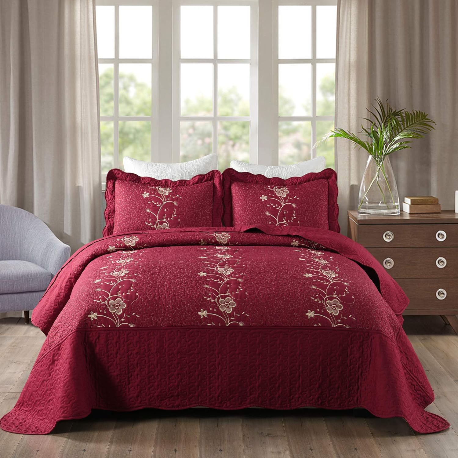 MarCielo 3 Piece Quilt Set Bedspread Microfiber Embroidered Comforter Set