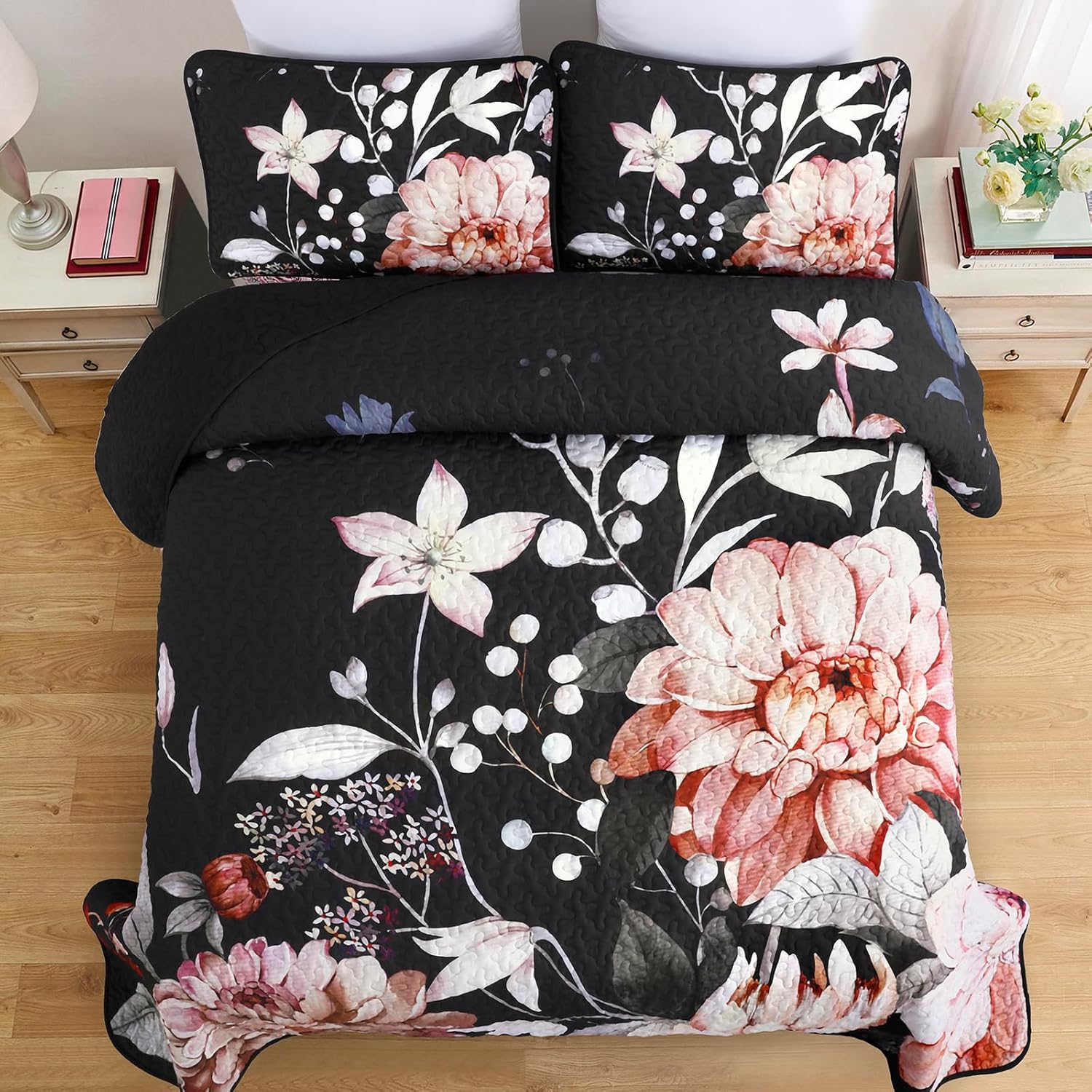 Drucon Black Quilt Queen Set - 3 Piece Pink Floral Bedding