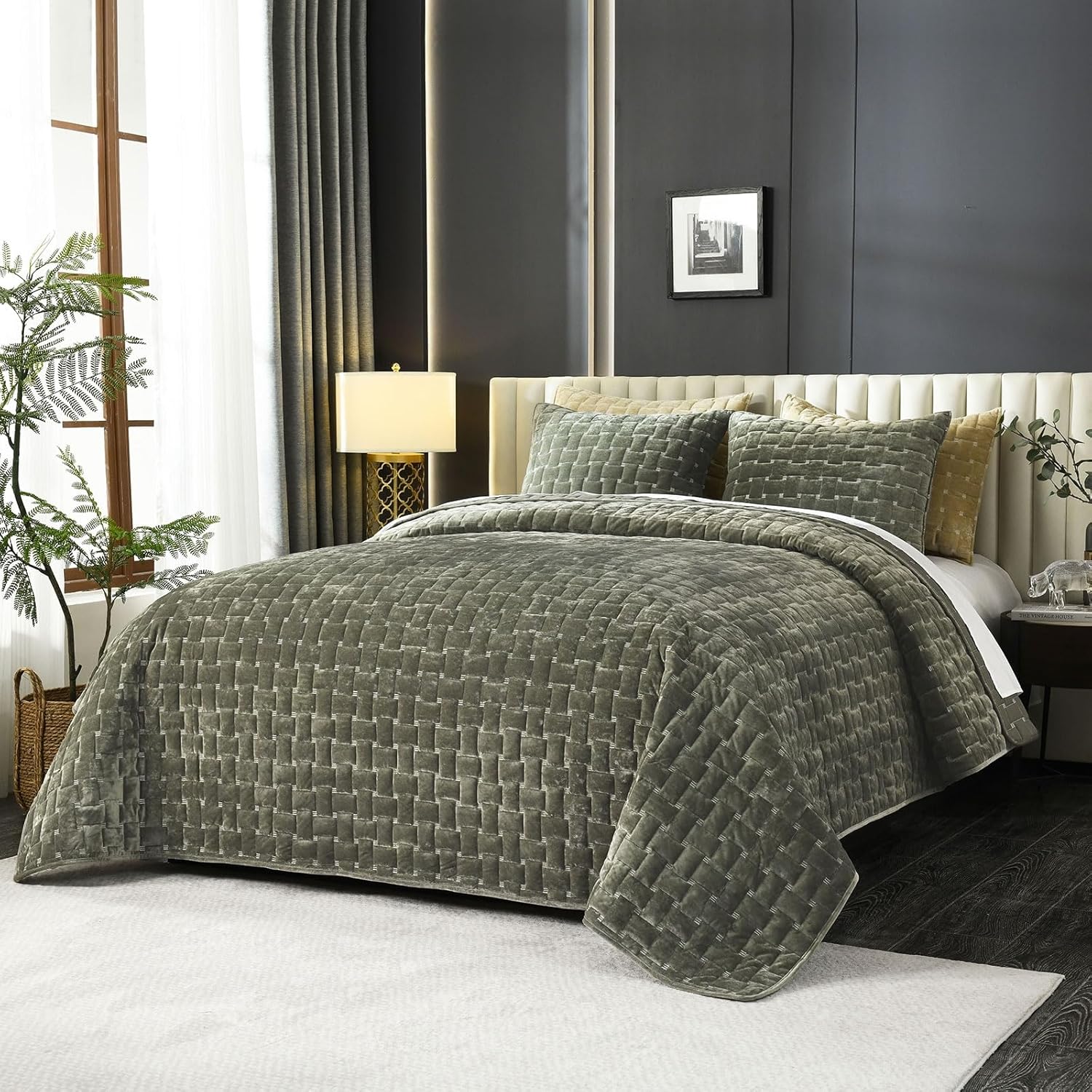 Grassix Velvet Quilt Set King Size Luxe Olive Green