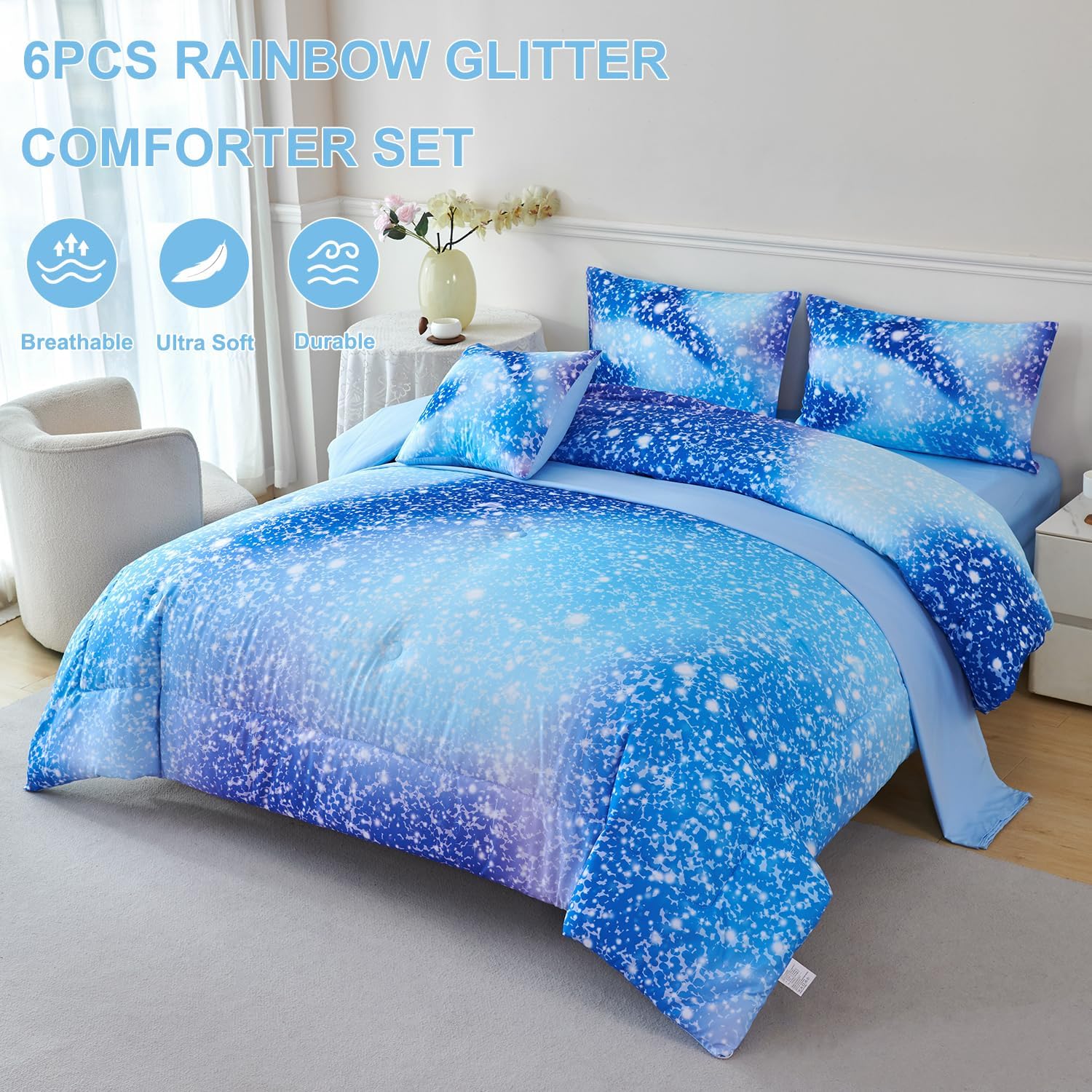 PERFEMET Blue Twin Comforter Set 6 Piece Bed in a Bag