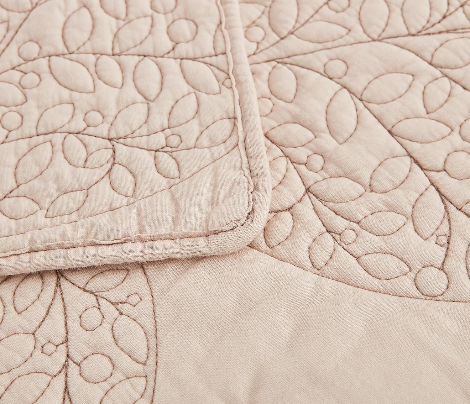 CHIXIN Botanical Cotton Quilt Set - Leaf Pattern Reversible 3 Piece Oatmeal