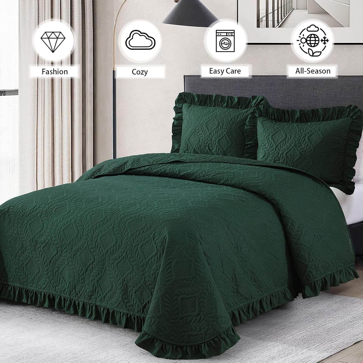 Emerald Green King Quilt Set 3 Piece Ruffled
