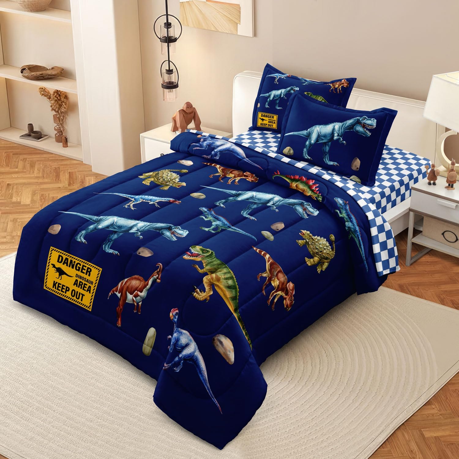 Leaflin Kid Twin Comforter Set - Dinosaur Themed Blue Bedding
