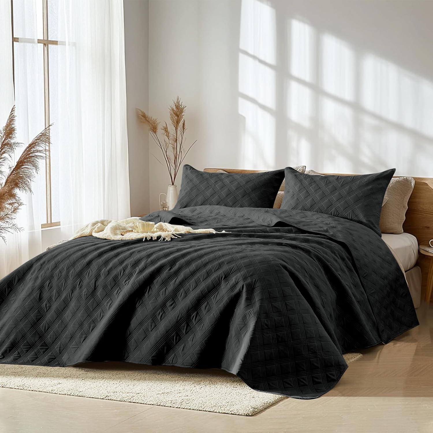 Inron Quilt Set Twin Size Black Microfiber Geometric Pattern Bedding Set
